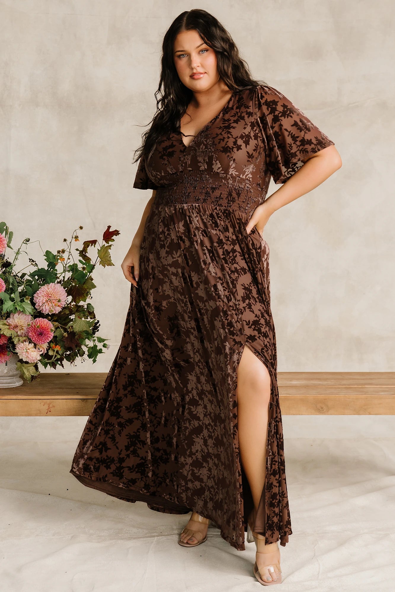 long brown velvet dress Veronica Maxi Leely brand Kid Size:2-3T sleeve_Flutter Sleeves Bridesmaids Kente Dresses: Beautiful