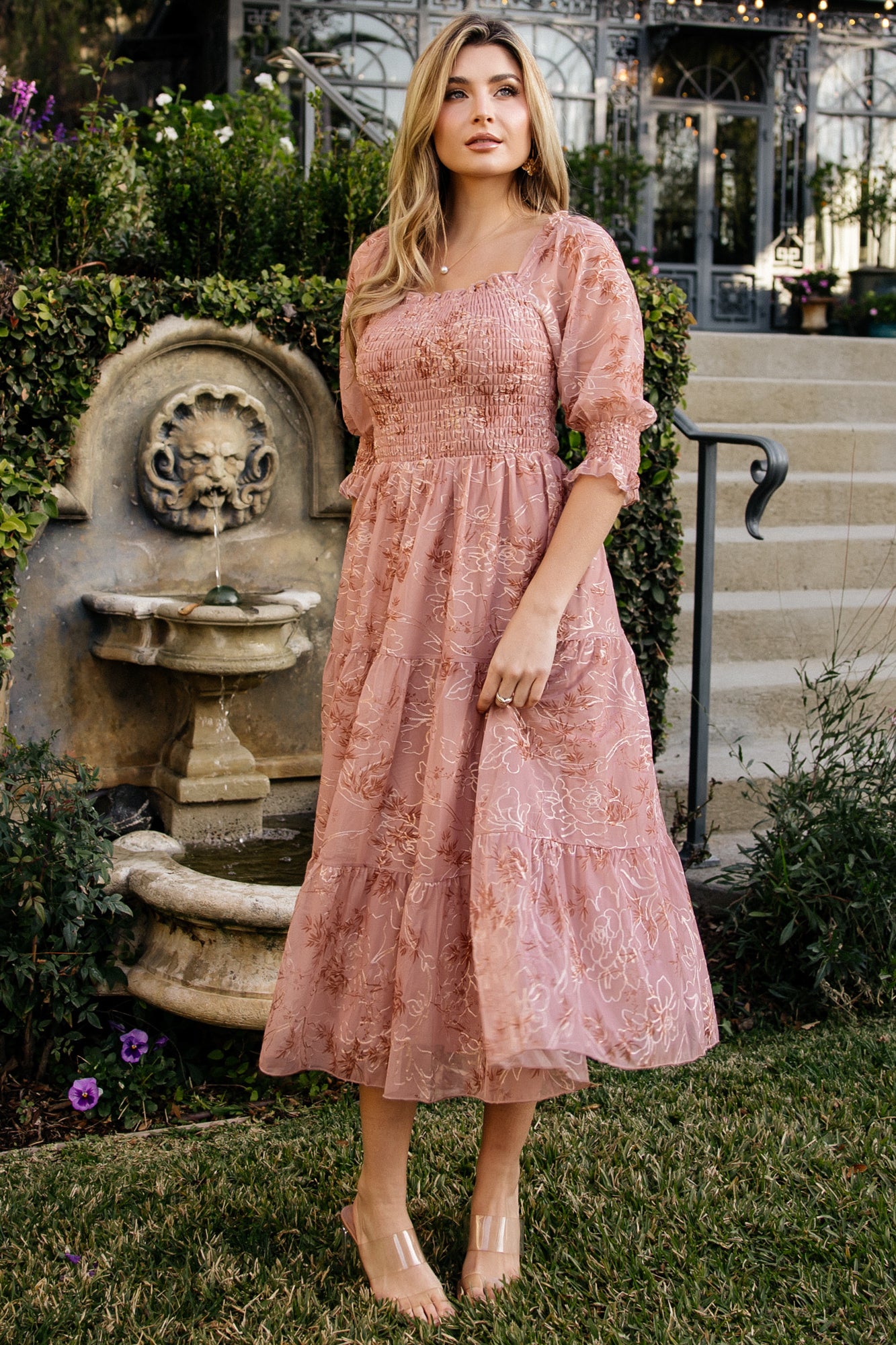 Fabian Jacquard Midi Dress | Mauve + Gold