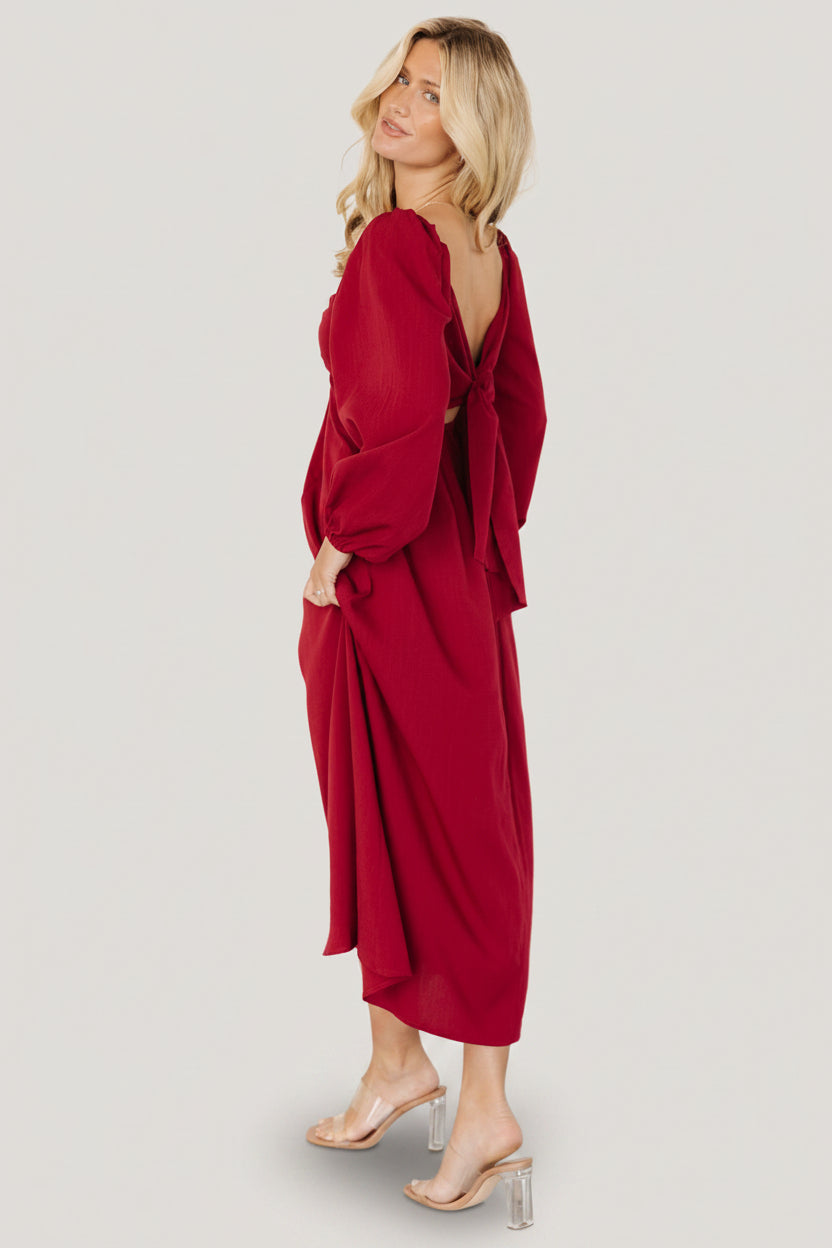 Detail image of sleeve and cuff on the Rosalie dress, showing elastic cuff and the garment's fluid movement.