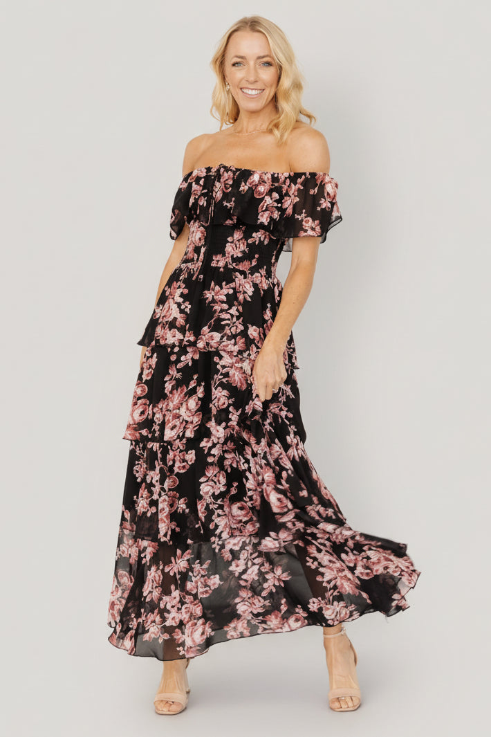 Carina Off Shoulder Maxi Dress | Black + Mauve Floral