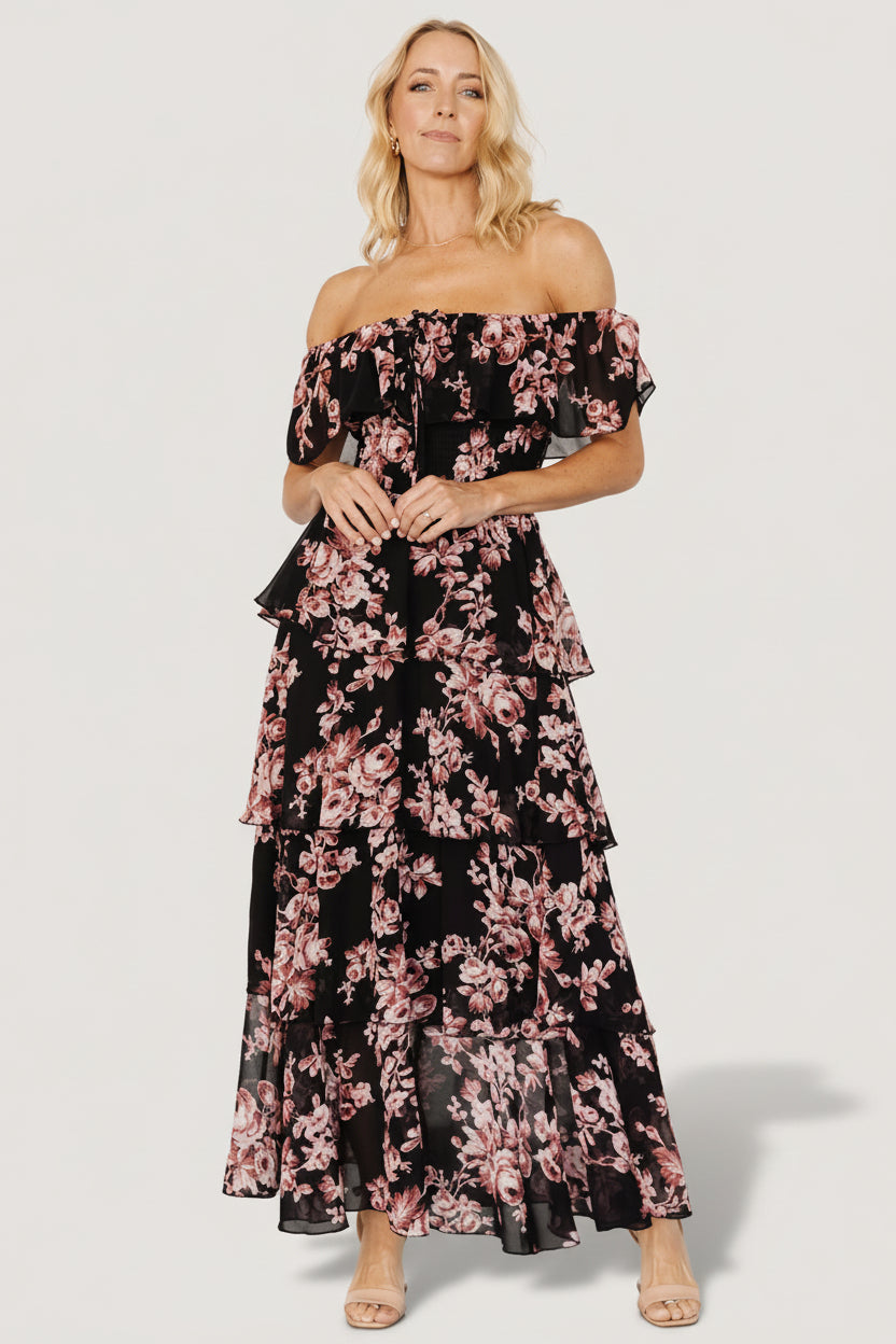 Baltic Born Womens Carina Off Shoulder Maxi Dress | Black + Mauve Floral | Size: Small