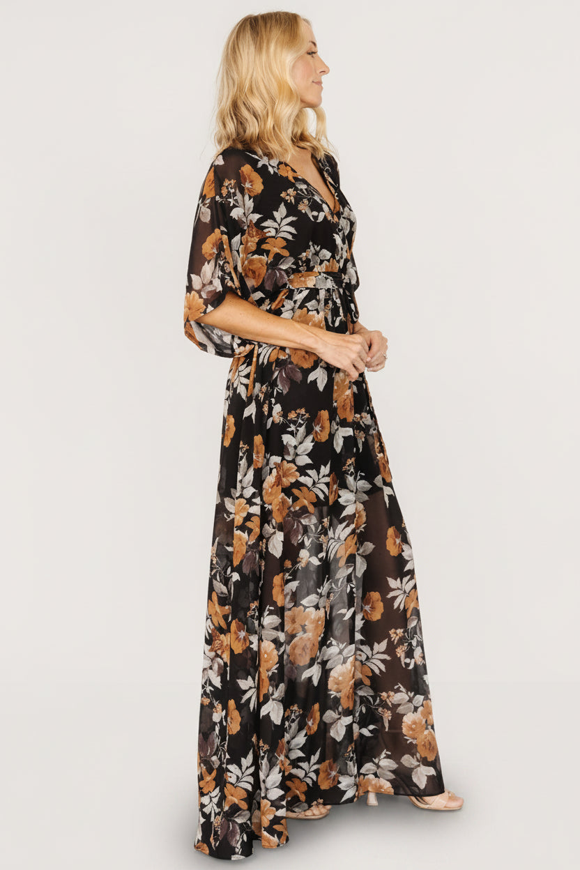 Side view of maxi skirt with left-side leg slit and lining visible to mid-thigh for modesty while maintaining flow.