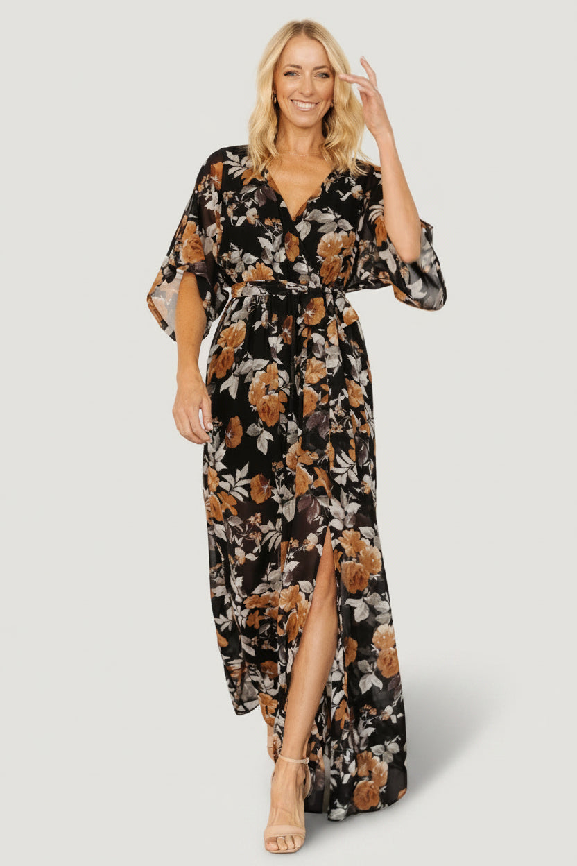 Baltic Born Womens Kia Kimono Maxi Dress | Black + Copper Floral