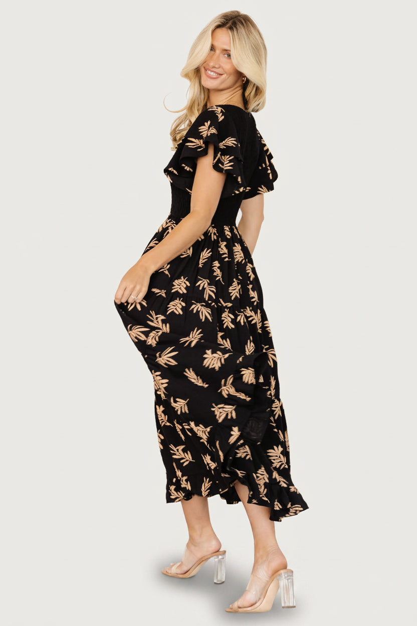 Estelle Smocked Midi Dress | Black + Tan Print