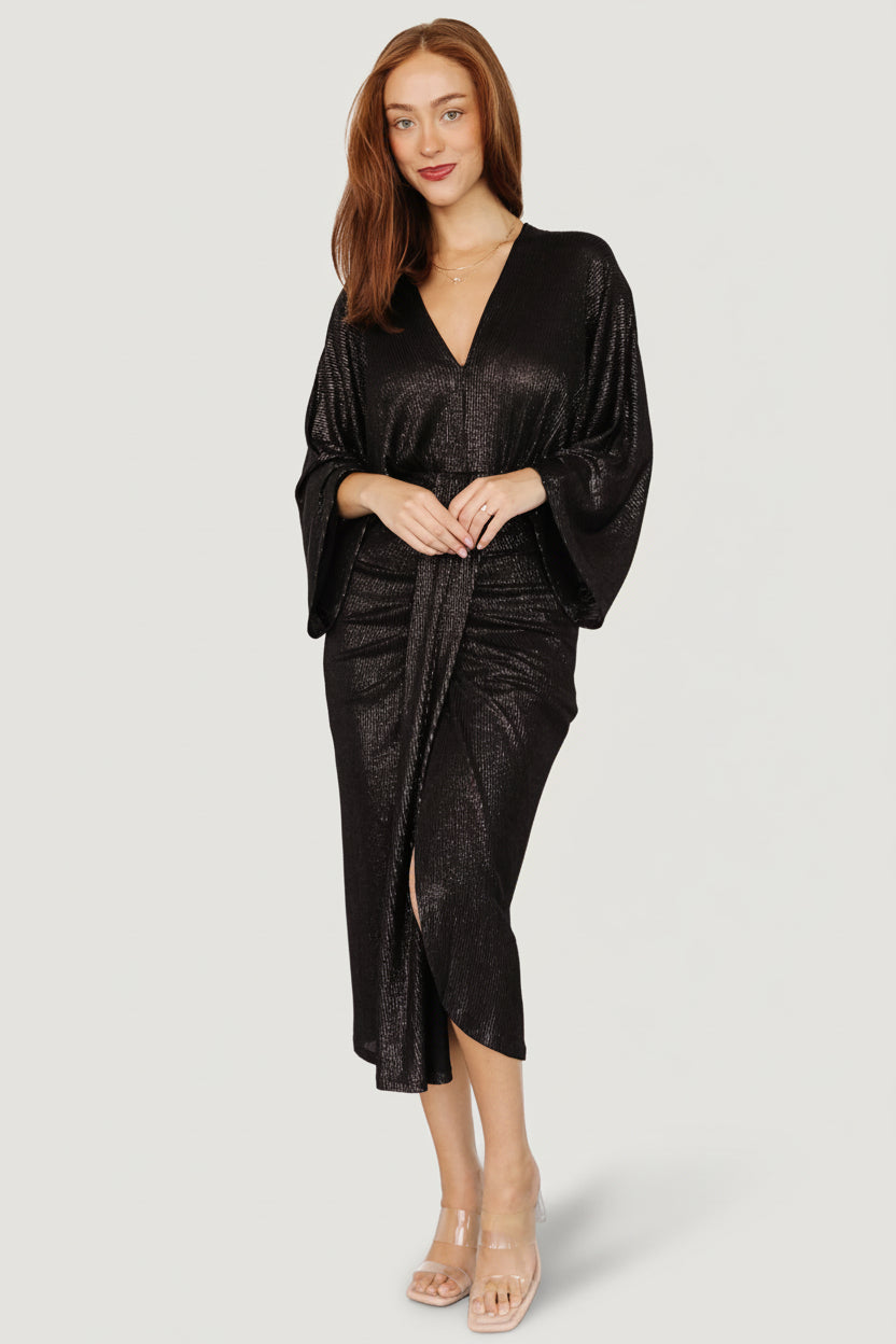 Ciara Ruched Midi Dress | Black Metallic
