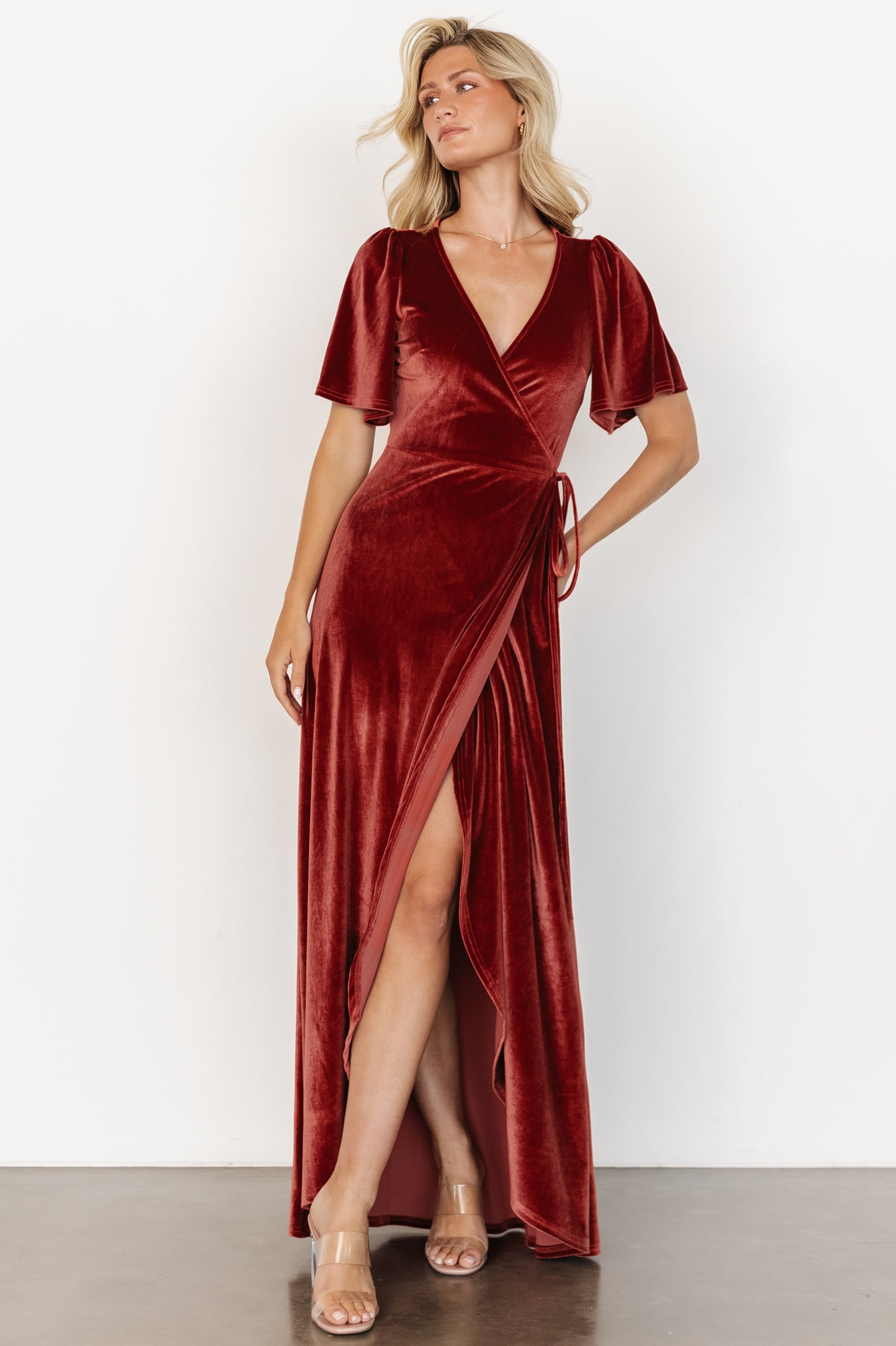 Katelyn Velvet Maxi Wrap Dress | Terracotta