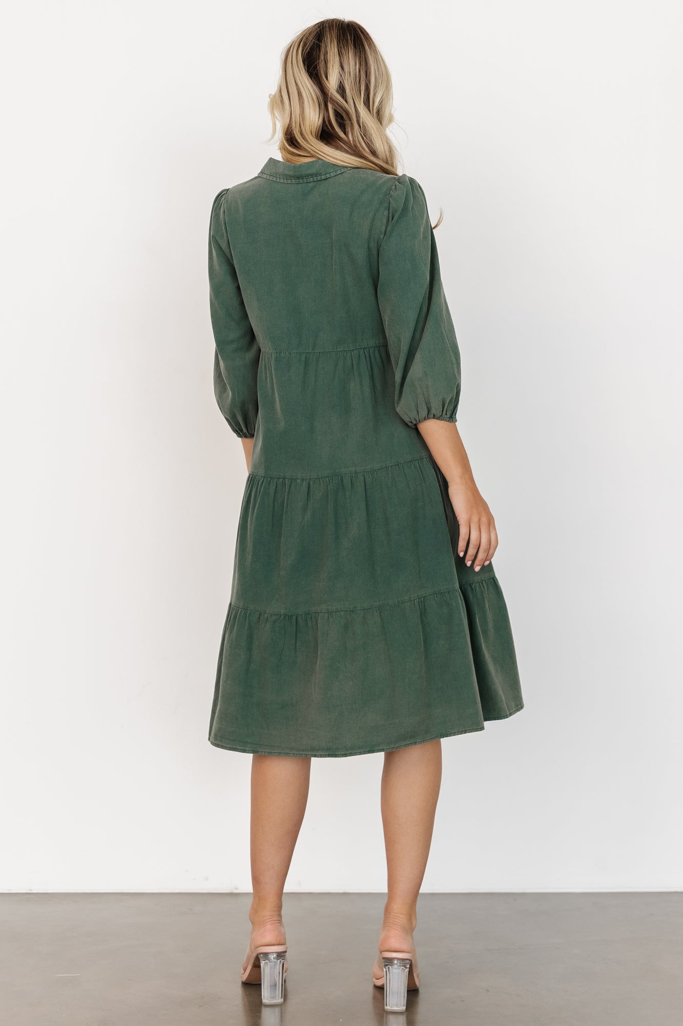 Close-up of button-front and collar on the forest green Sari Babydoll Dress showing acid-washed cotton texture and subtle distressing.