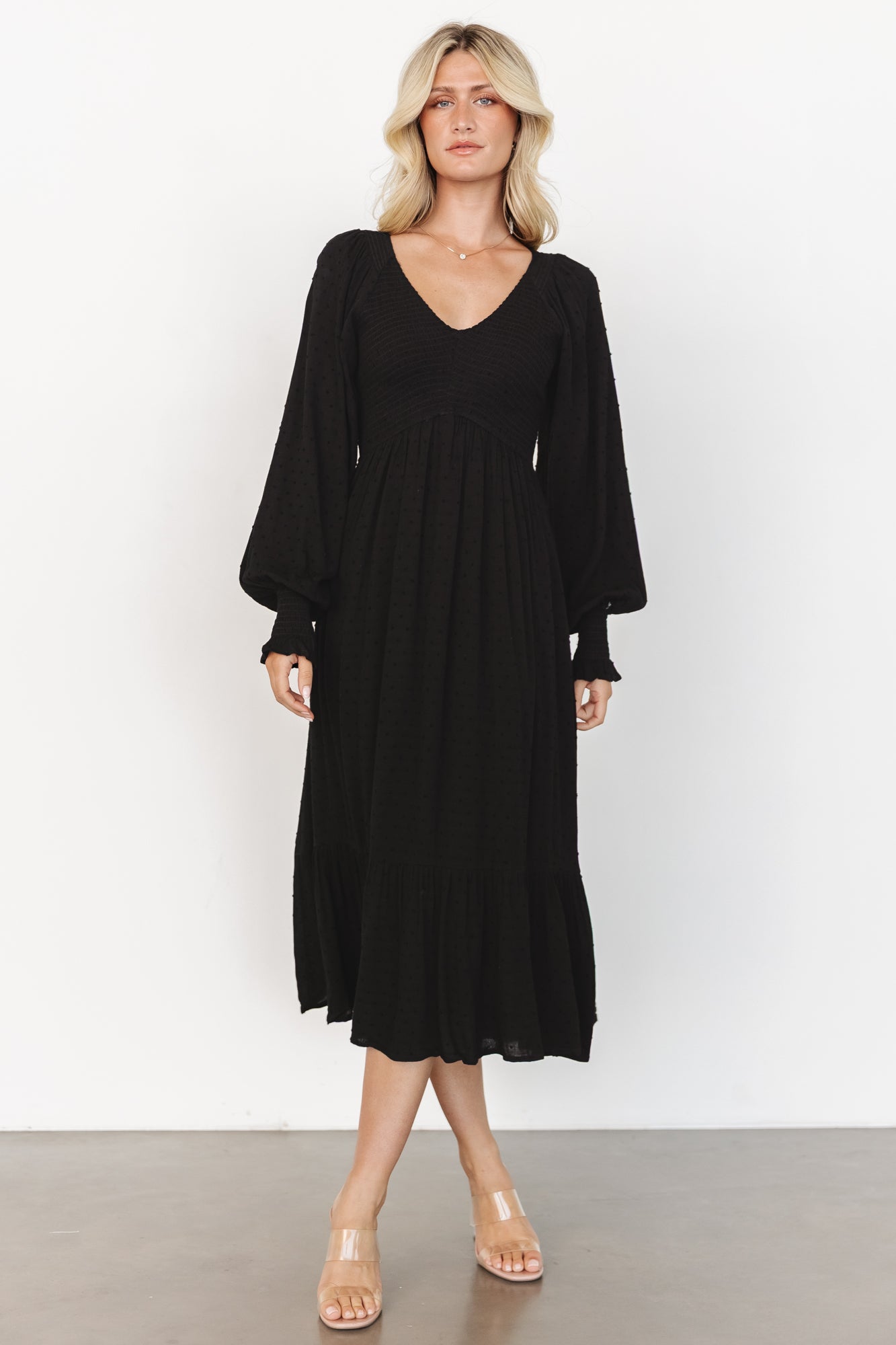 Lainey Smocked Dotted Midi Dress