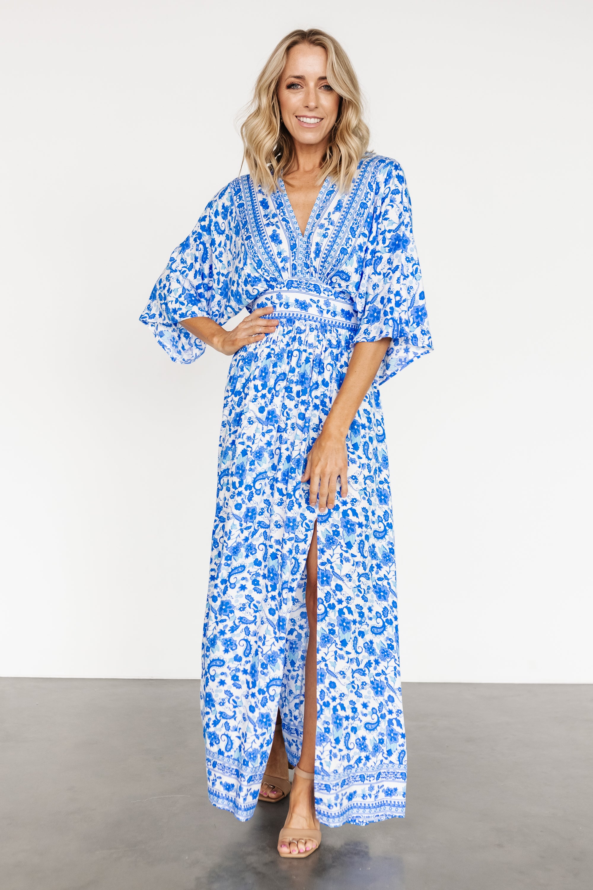 Standards & Practices Modern Women's Navy Woven Chiffon Kimono Wrap Maxi  Dress
