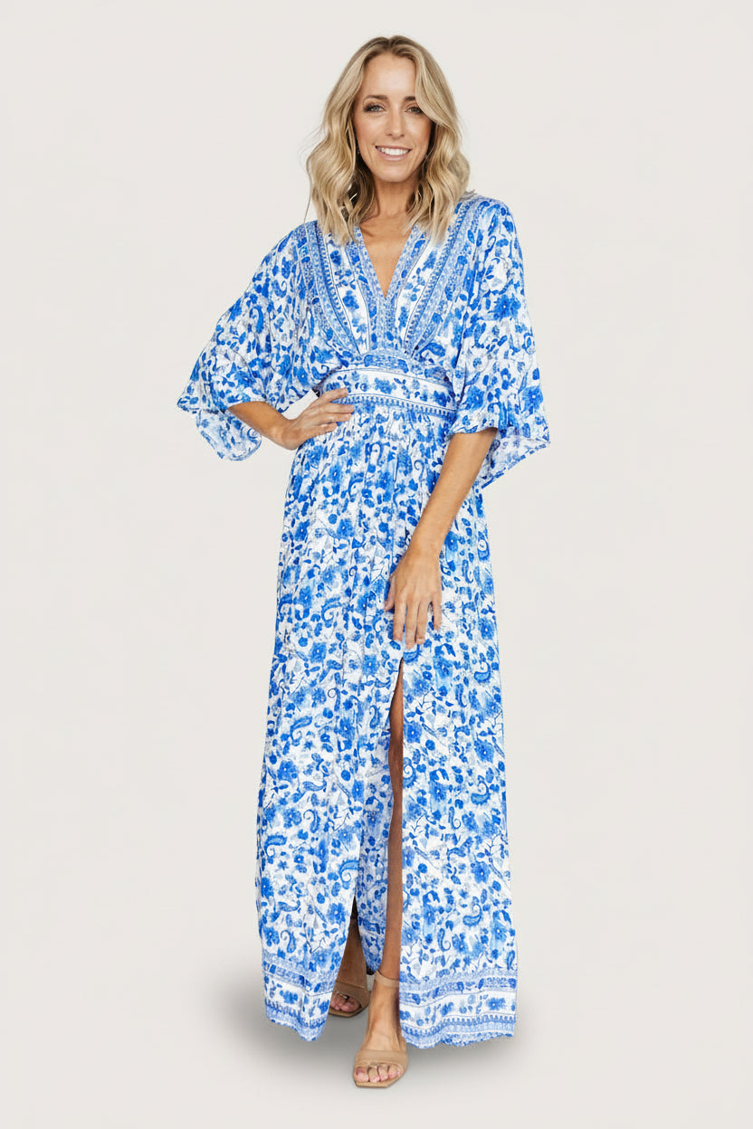 chinese dress ladies Baltic Born Womens Watson Kimono Maxi Dress | Blue + White