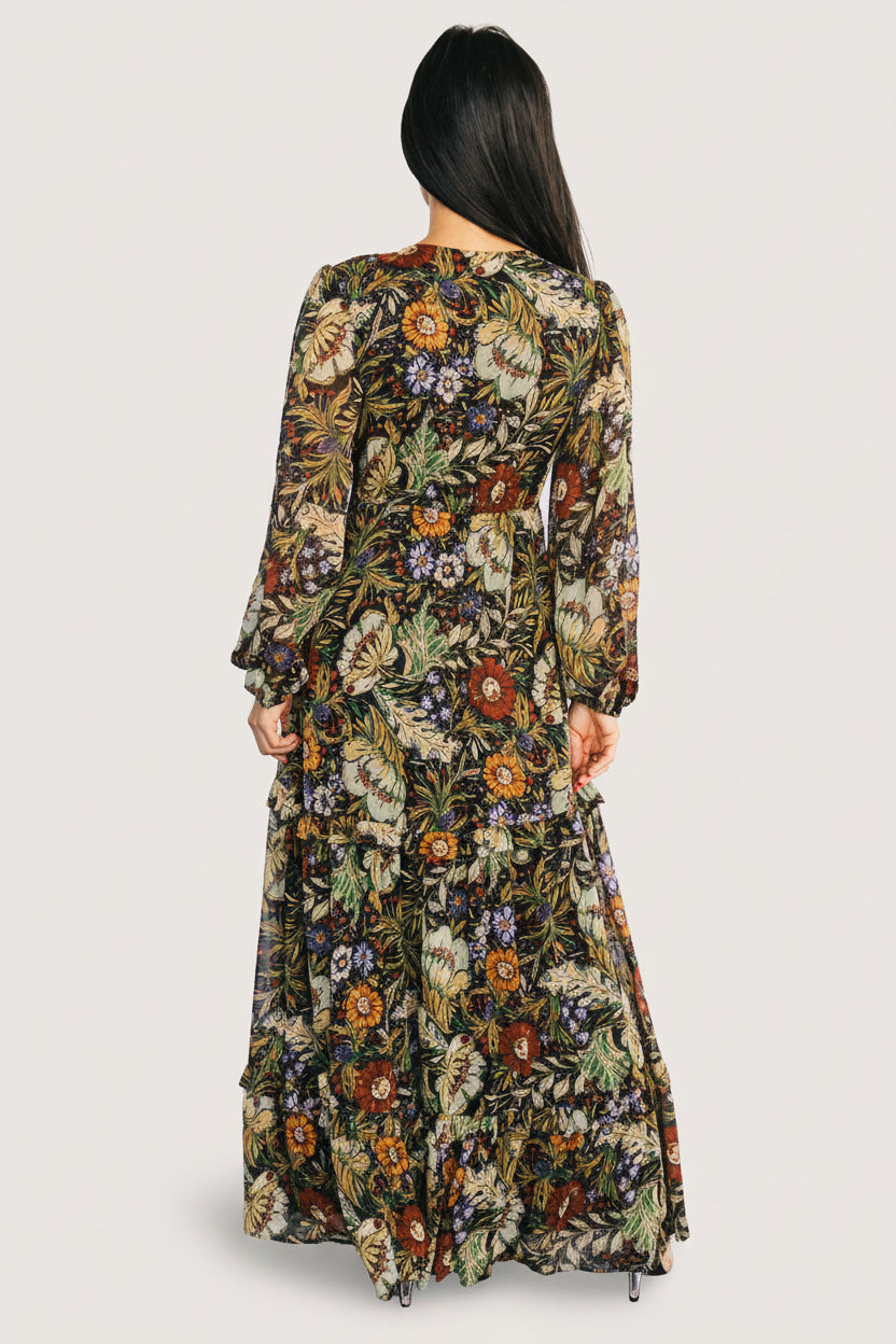 Back view of the Bowman Deep V Maxi Dress showing elastic back waist and the hidden left-side zipper for a smooth finish.