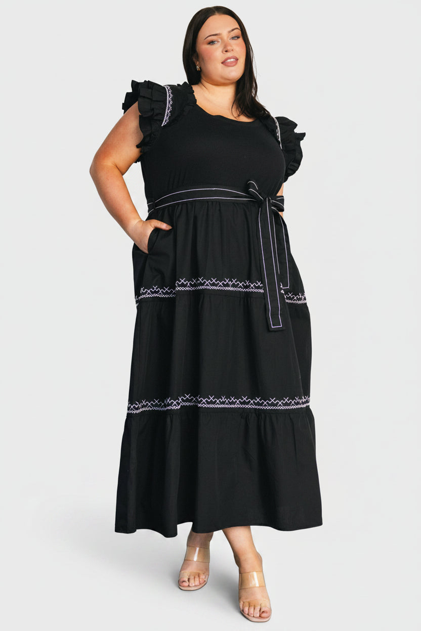 black embroidered midi dress Baltic Born Womens Elisa Embroidered Midi Dress | Black main image 0