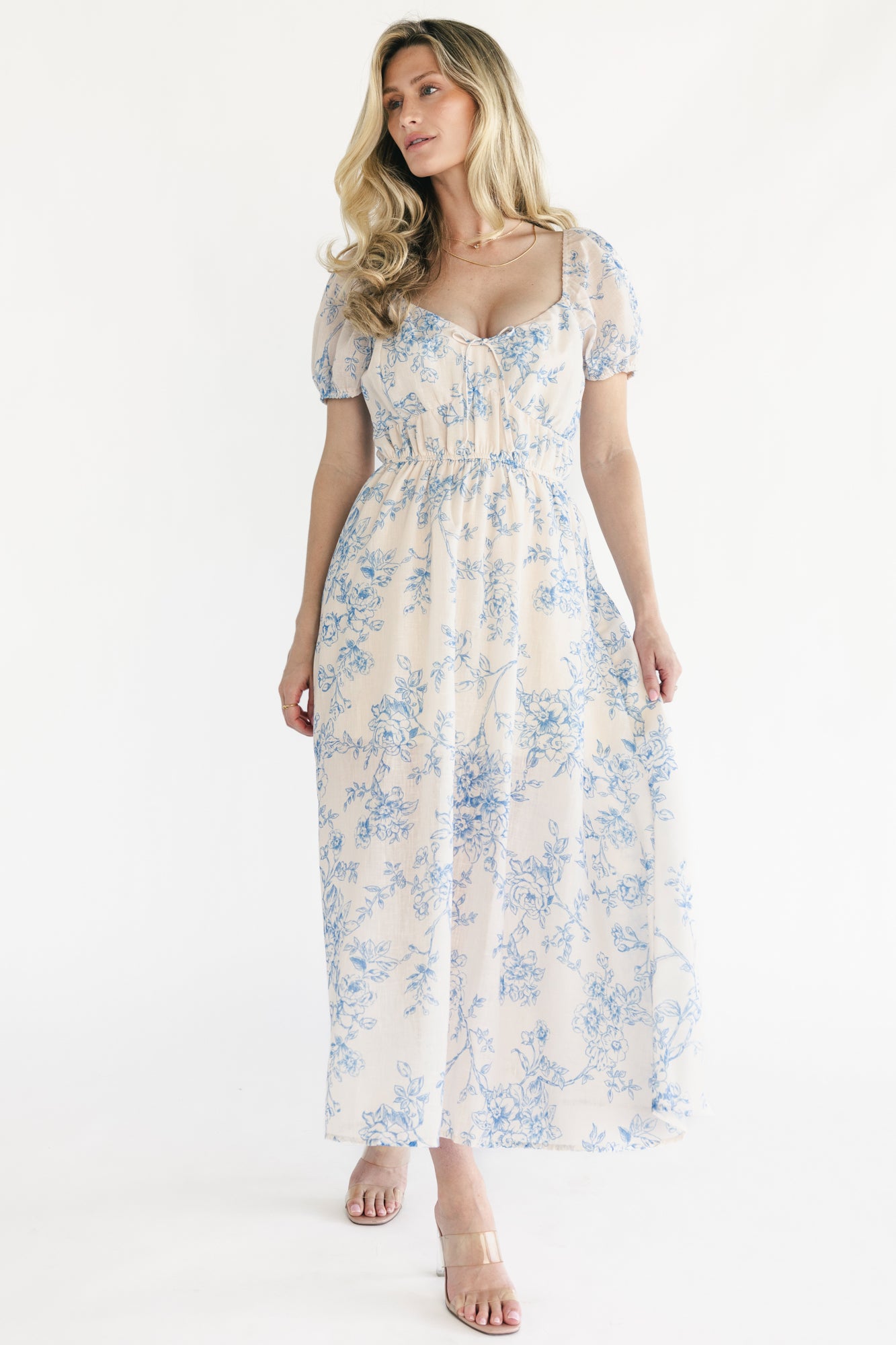 Vada Midi Dress - Cream & Blue Floral, V-Neck