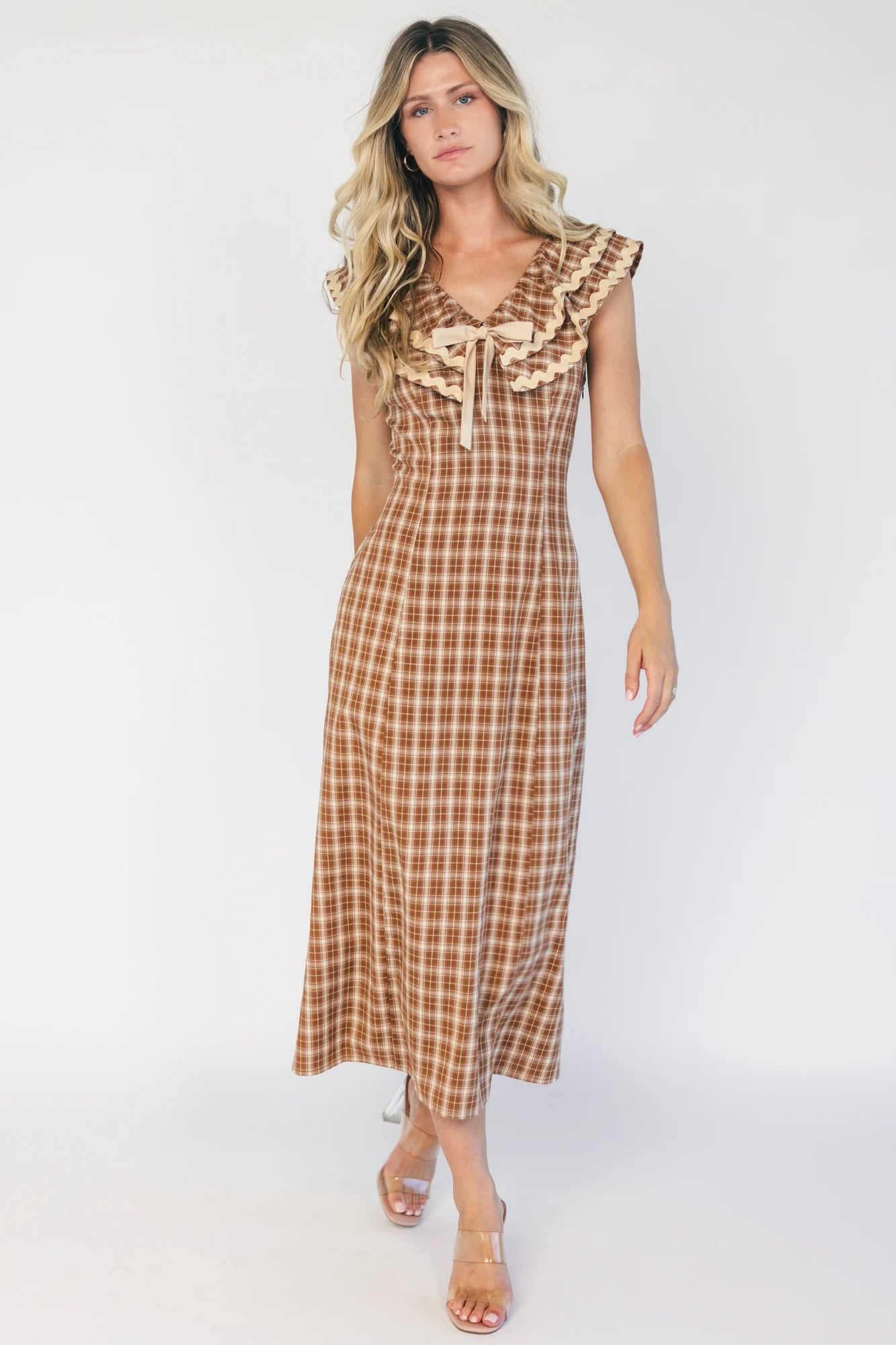 Baltic Born Womens Maureen Ruffle Plaid Dress | Dusty Mocha