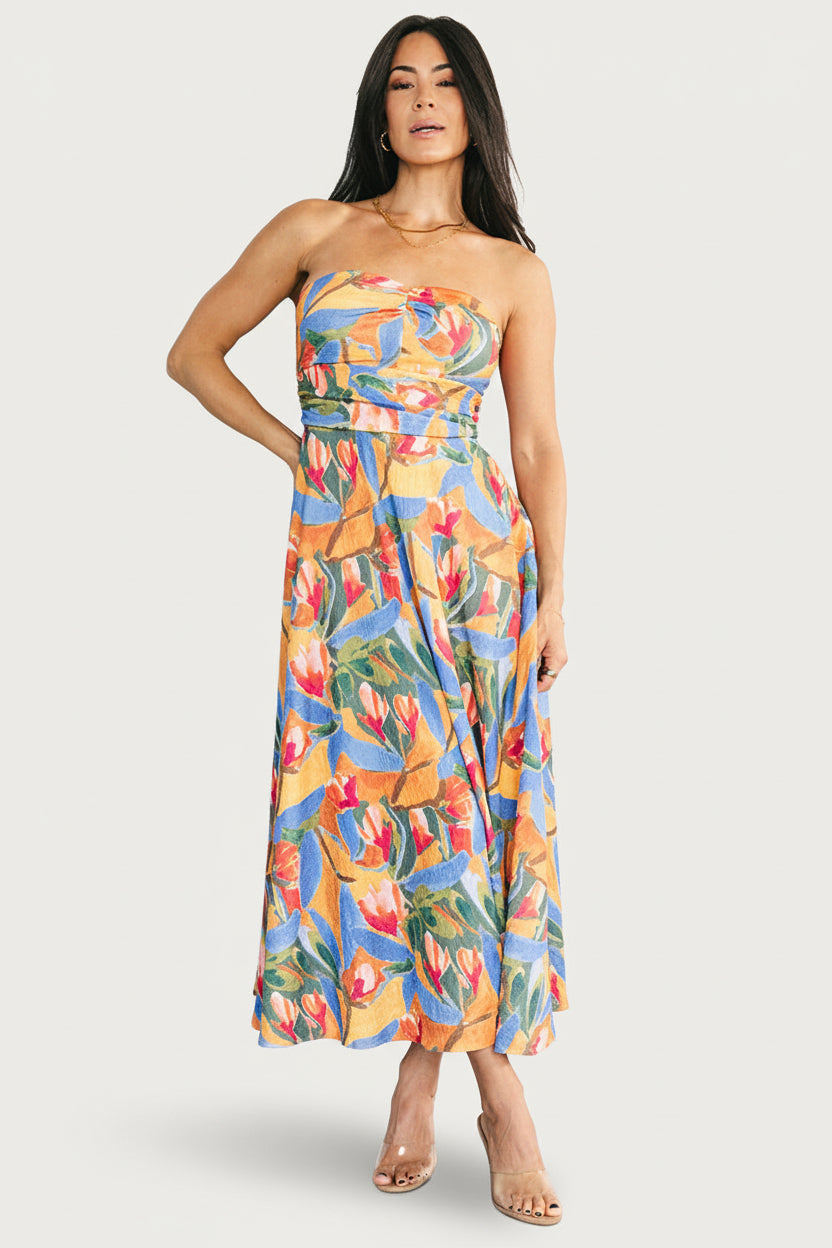 floral strapless midi dress Baltic Born Womens Solana Strapless Midi Dress | Blue Multi