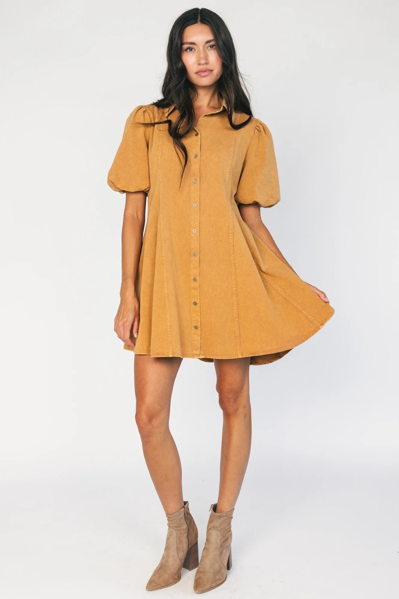 Geneva Button Front Short Dress | Camel