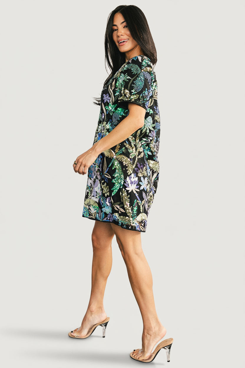 Patricia Sequin Short Dress | Black + Blue Multi