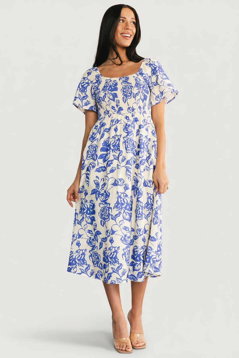 aqua floral smocked midi dress Baltic Born Womens Dolores Smocked Midi Dress | Ivory + Blue Floral