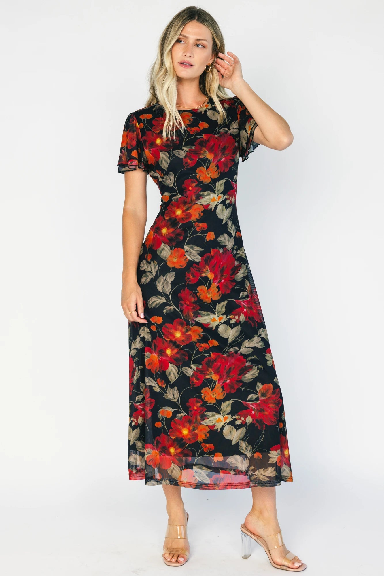 Baltic Born Womens Briony Mesh Maxi Dress | Black + Red Floral