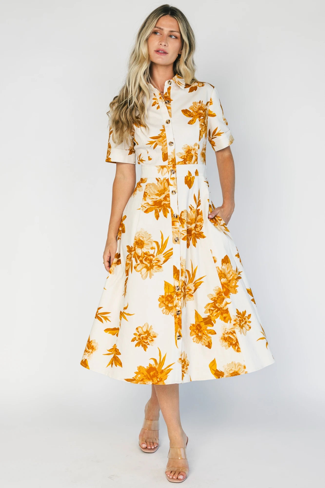 Selena Button Up Dress | Ivory + Golden Floral