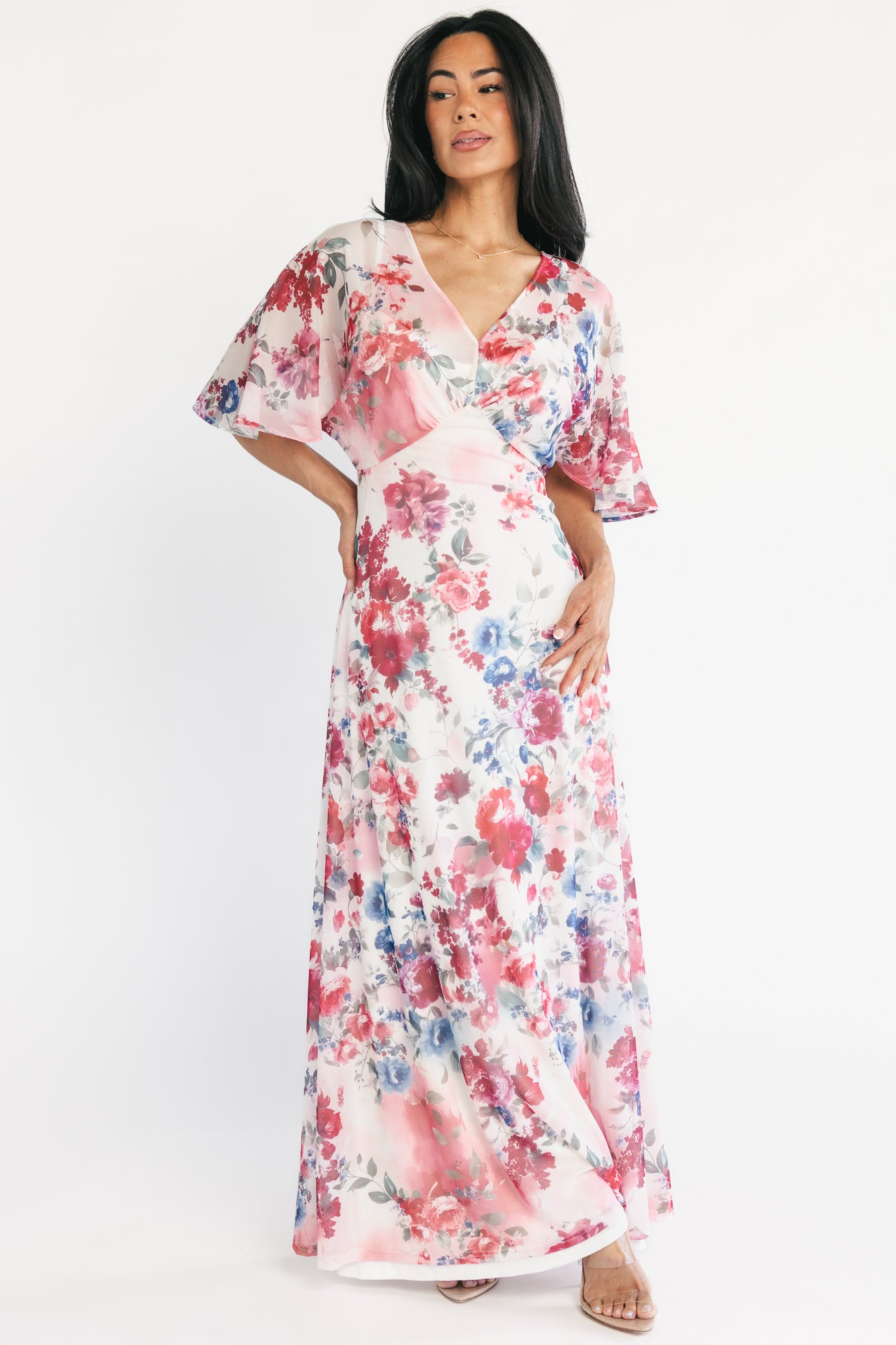 mesh overlay maxi dress Baltic Born Womens Sevilla Mesh Maxi Dress | Berry Multi Floral