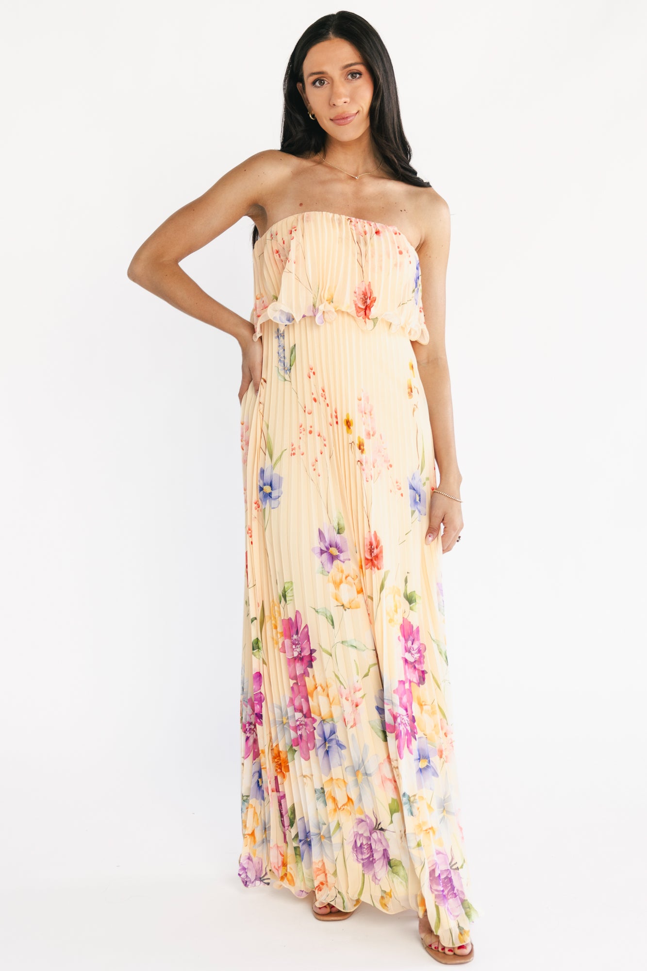 pleated strapless maxi dress Baltic Born Womens Bloom Pleated Strapless Maxi Dress | Multi Floral