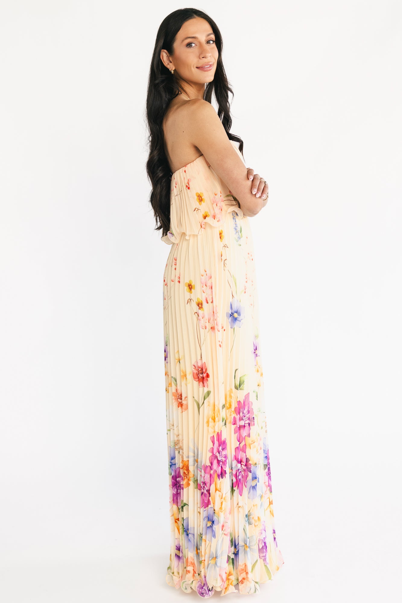 Bloom Pleated Strapless Maxi Dress | Multi Floral