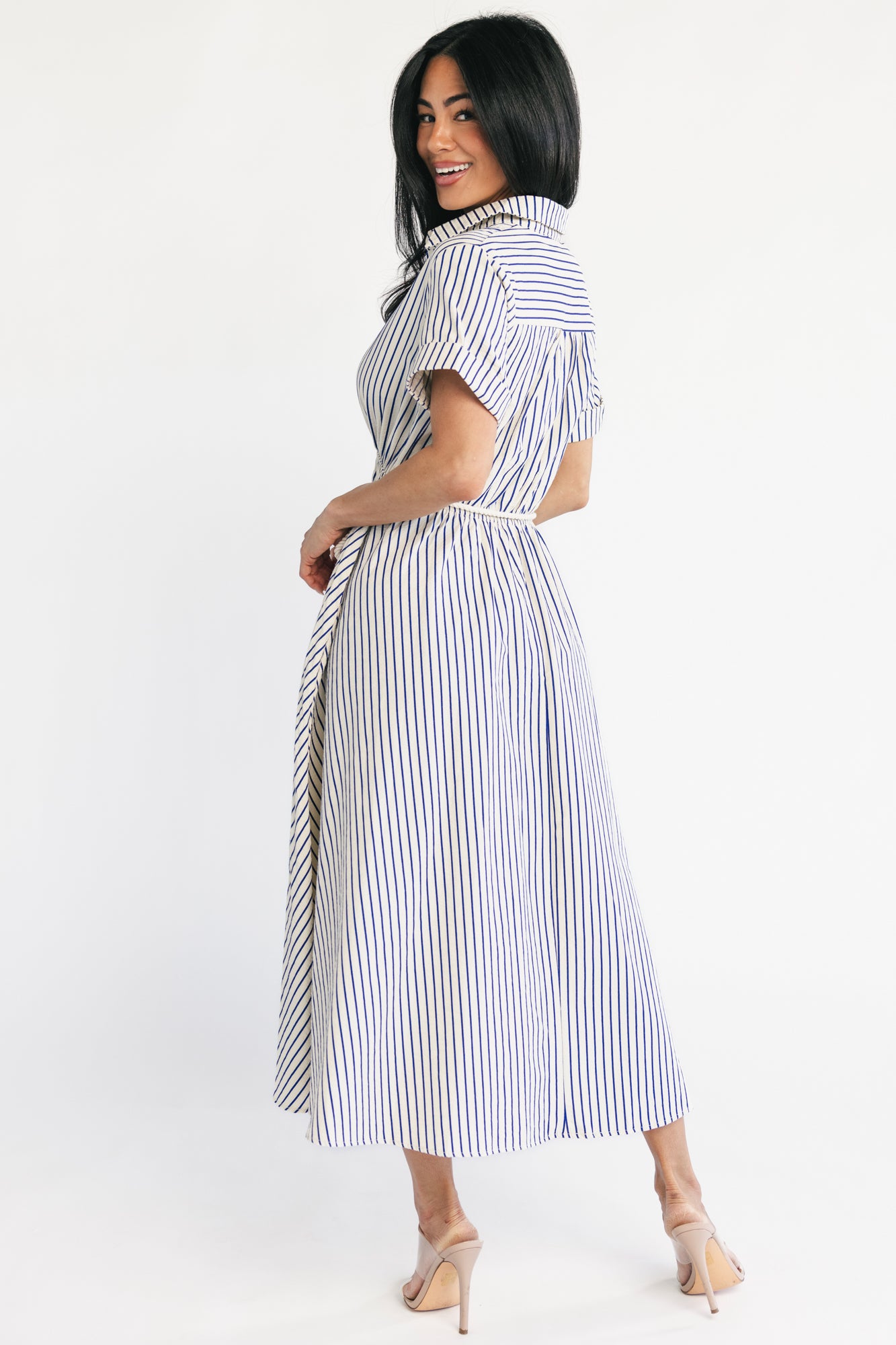 Bryony Midi Dress | Cream + Navy Stripe