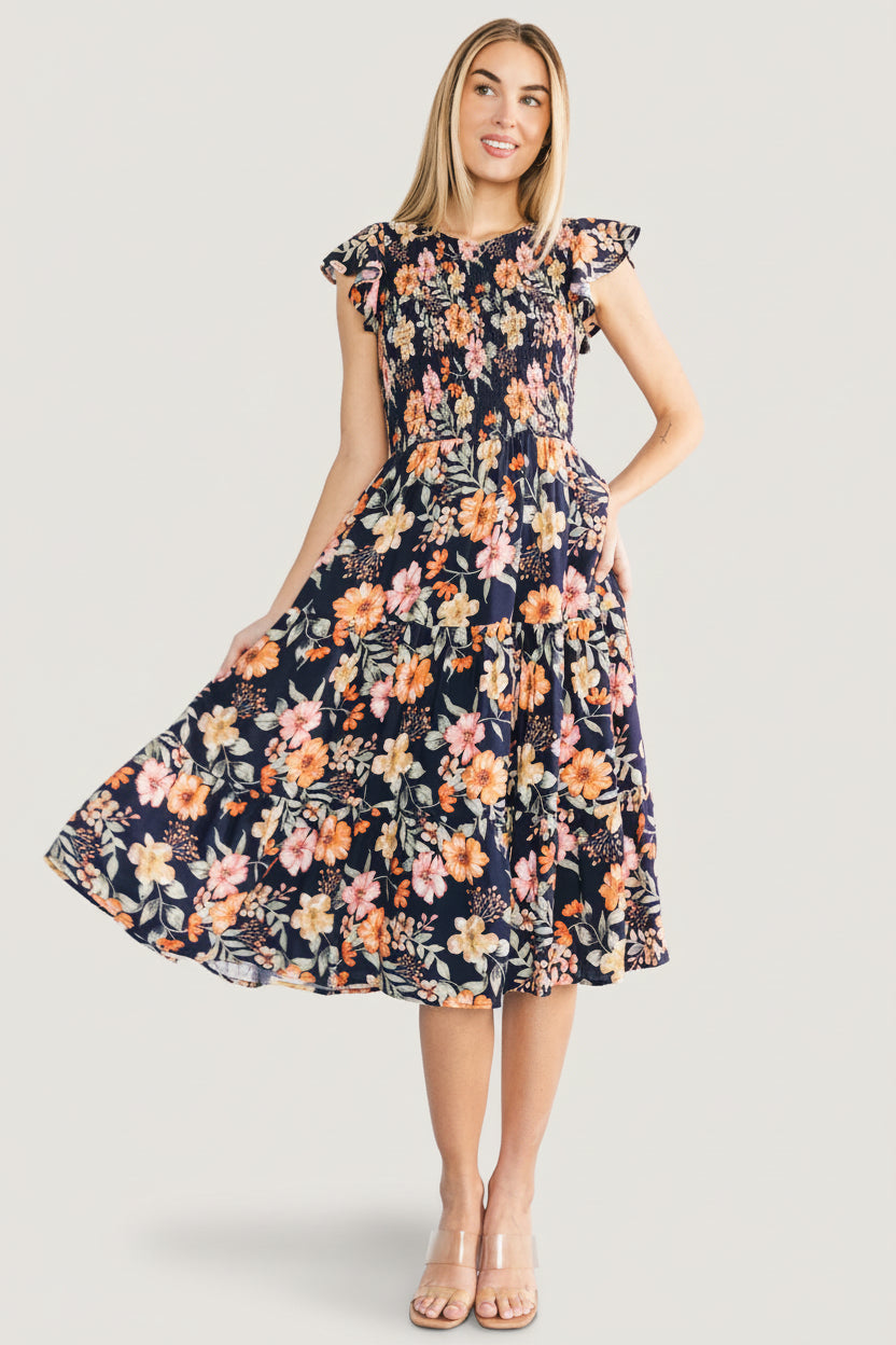 showpo loretta midi dress Baltic Born Womens Loretta Smocked Midi Dress | Midnight Floral