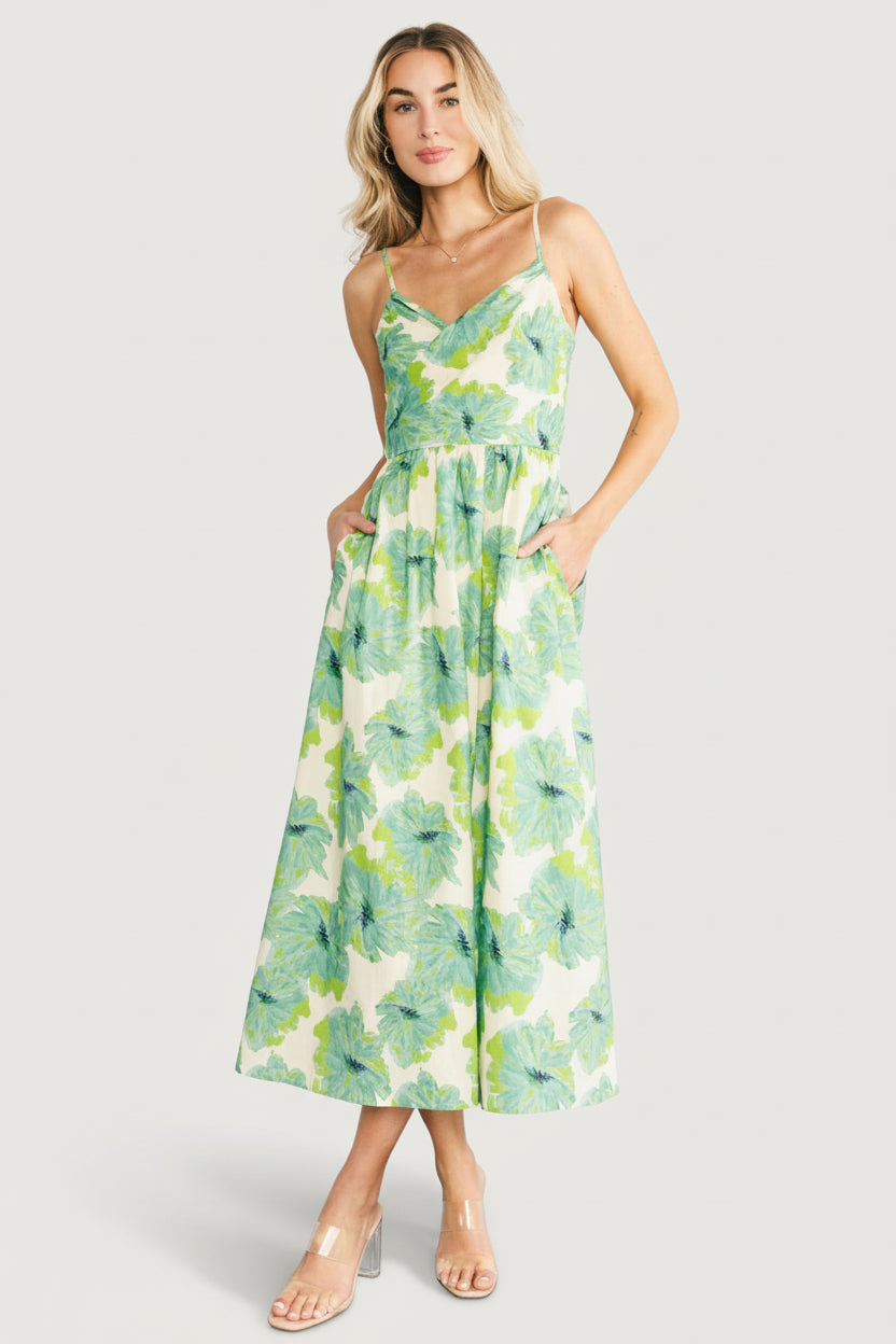 Tenerife Midi Dress - Green Floral, Open Back