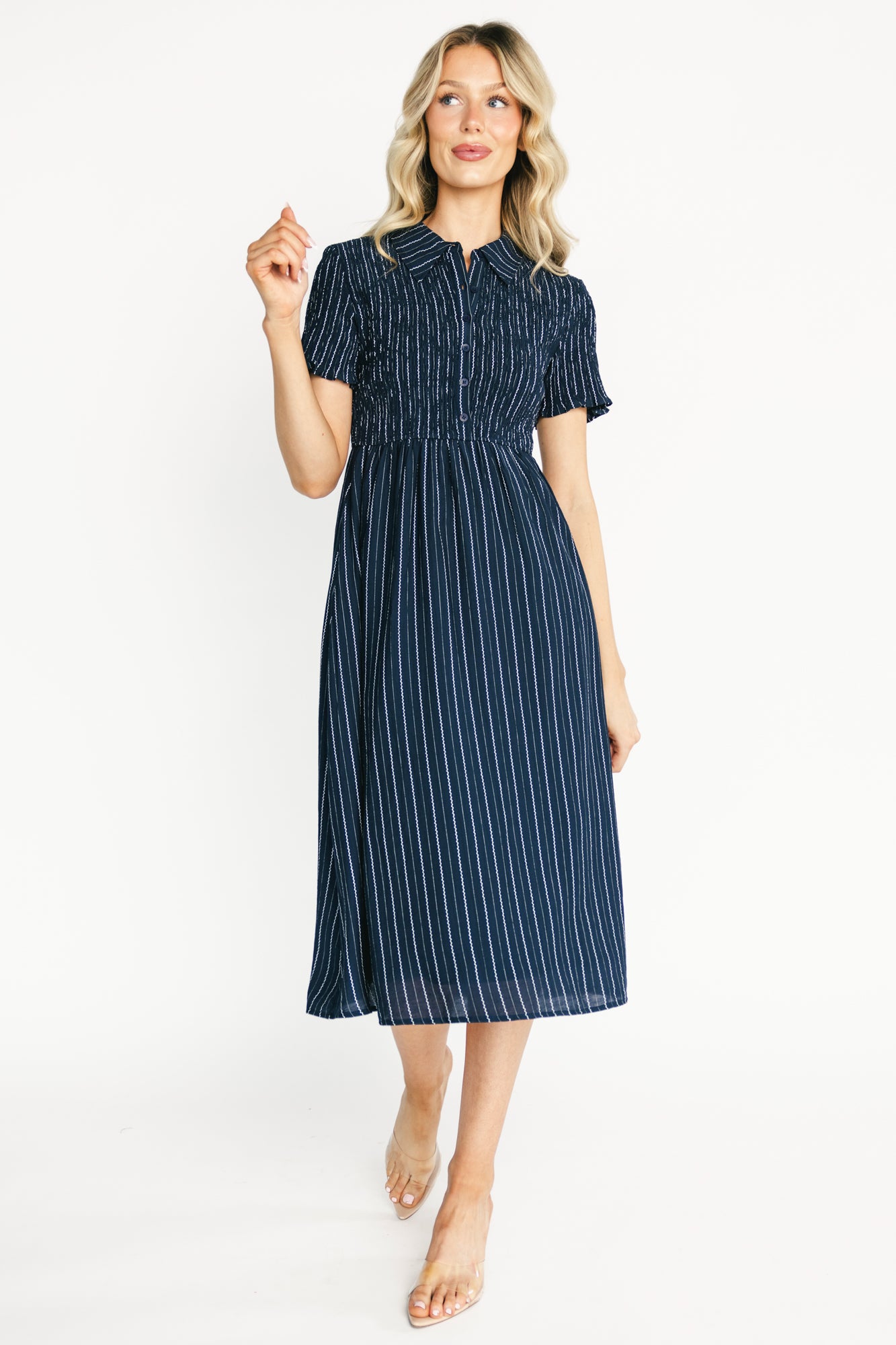 Dottie Striped Midi Dress Navy Smocked | Baltic Born 1XL Dottie Striped Midi Dress Navy Smocked | Baltic Born 1XL