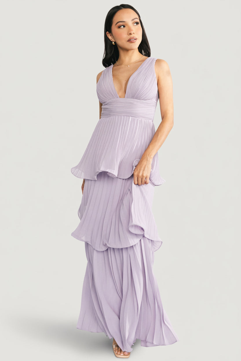 Saphira Tiered Pleated Maxi Dress | Lavender Saphira Tiered Pleated Maxi Dress | Lavender