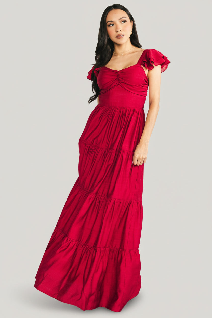 deep red maxi dress Vivianne Maxi Dress - Deep Red Ruffle Maxi