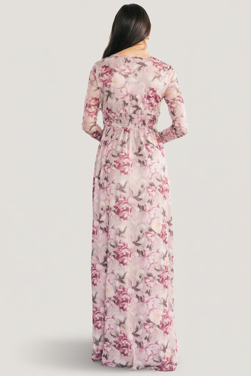 Close-up of mesh fabric and floral print on Fable Mesh Maxi Dress, showing texture and soft stretch composition.