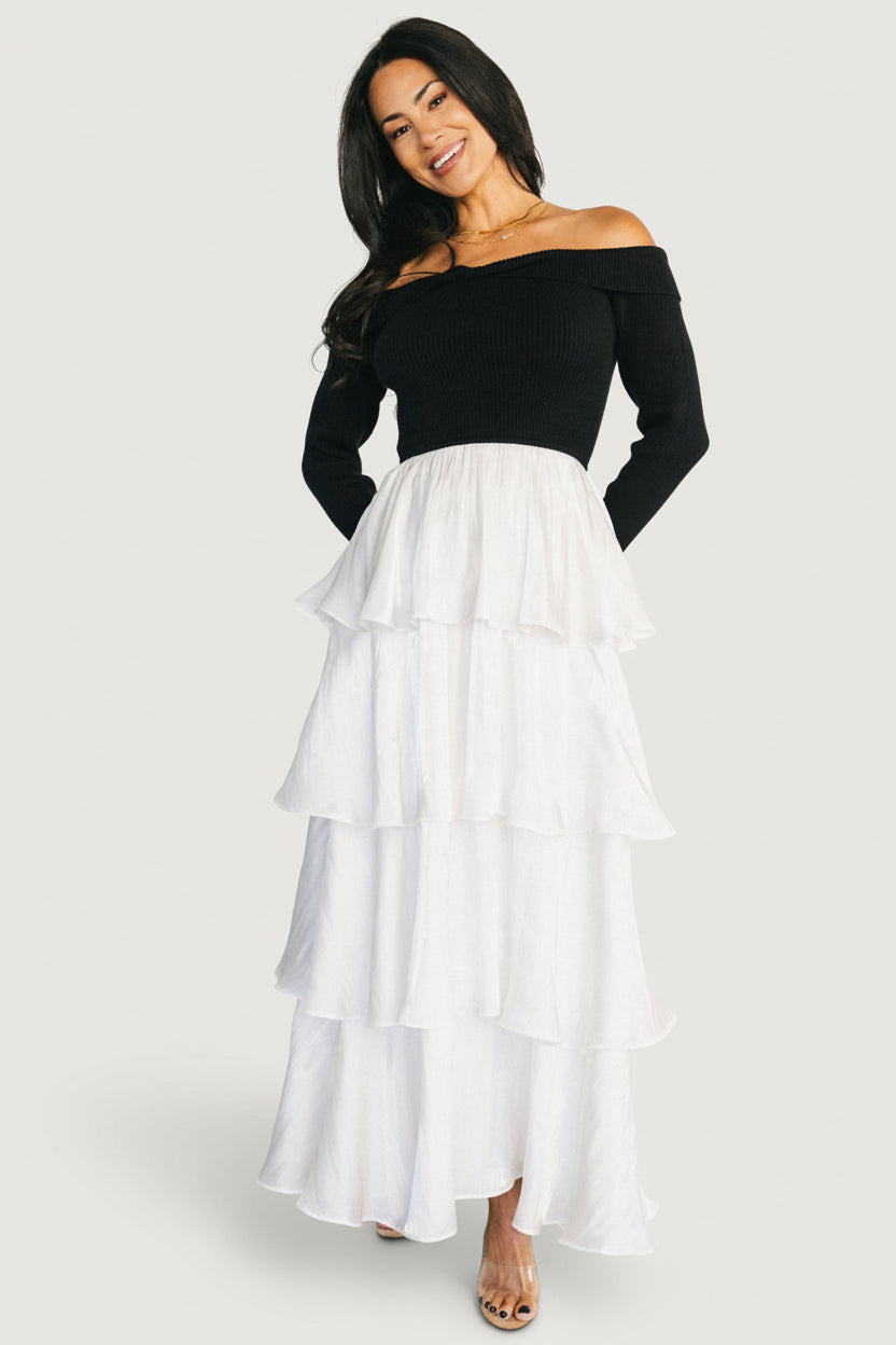 Maelie Tiered Maxi Dress | Black + White