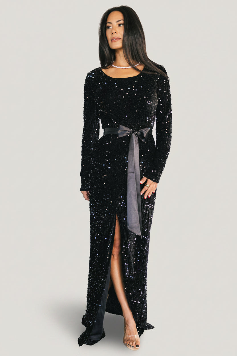 sequin dress long sleeve black Julia Sequin Maxi Dress