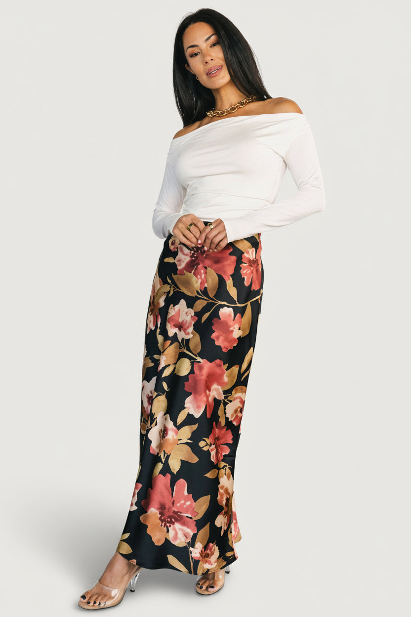 Cosette Satin Midi Skirt | Black Floral
