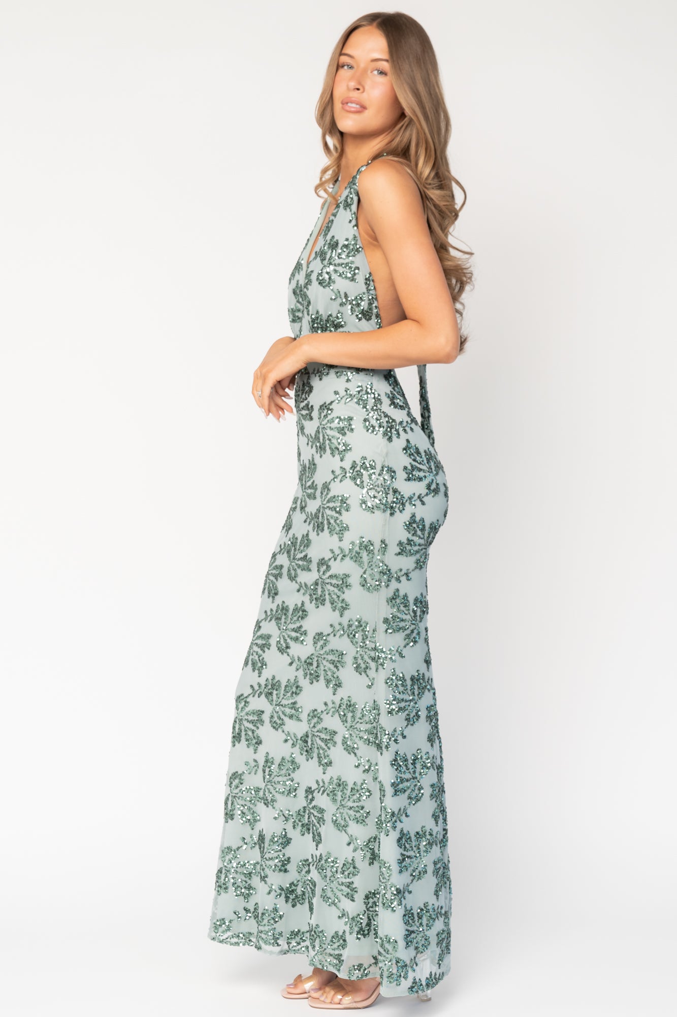 Gabriella Sequin Halter Gown | Eucalyptus