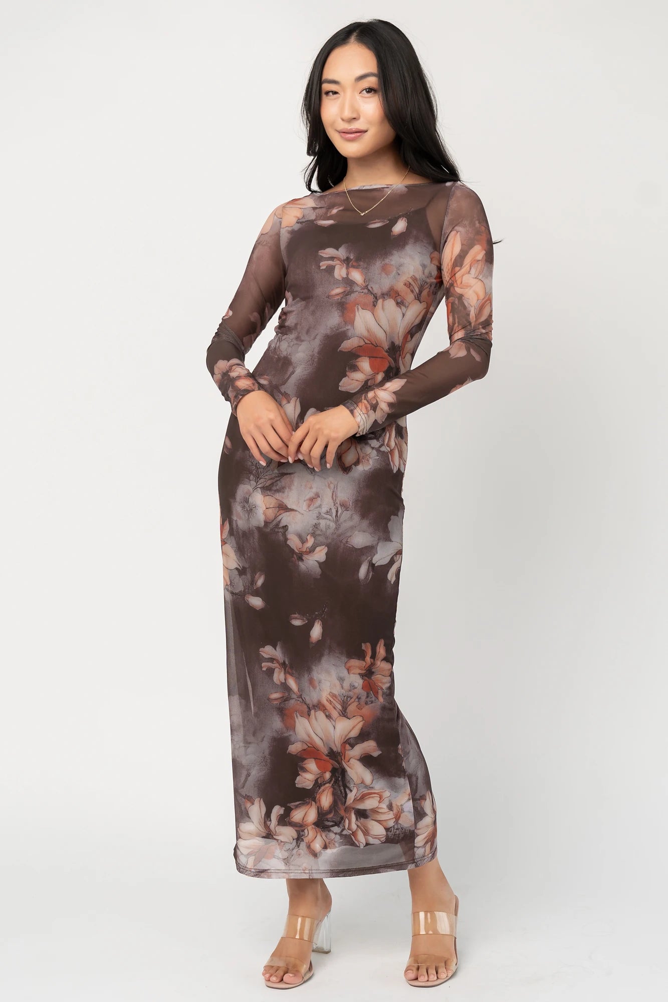 Darya Mesh Midi Dress | Brown Floral