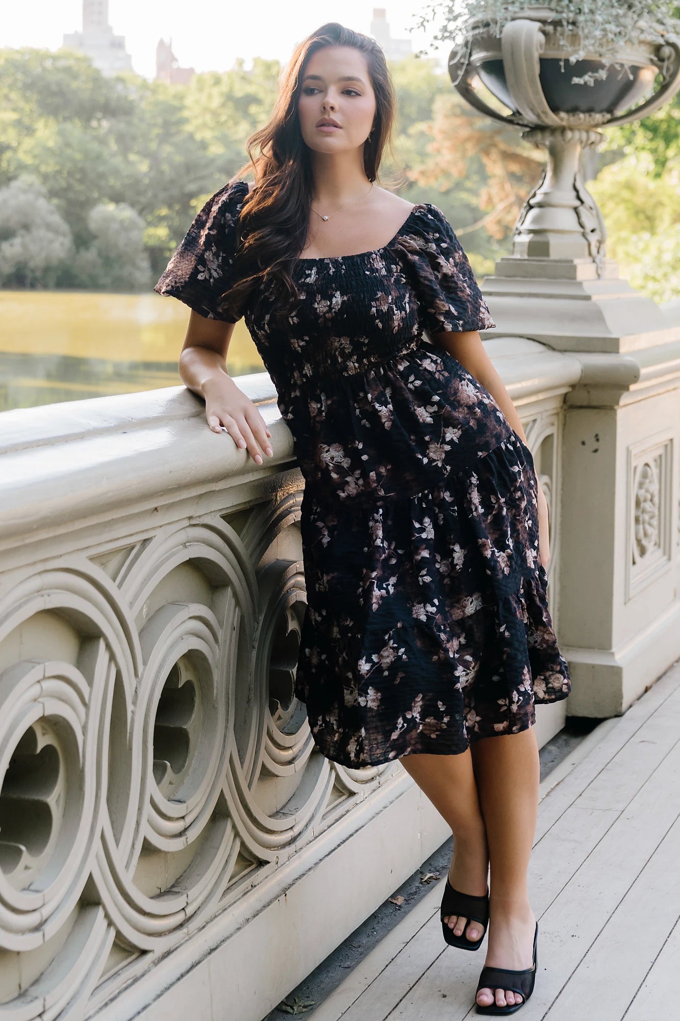 Mattea Smocked Midi Dress | Black Floral