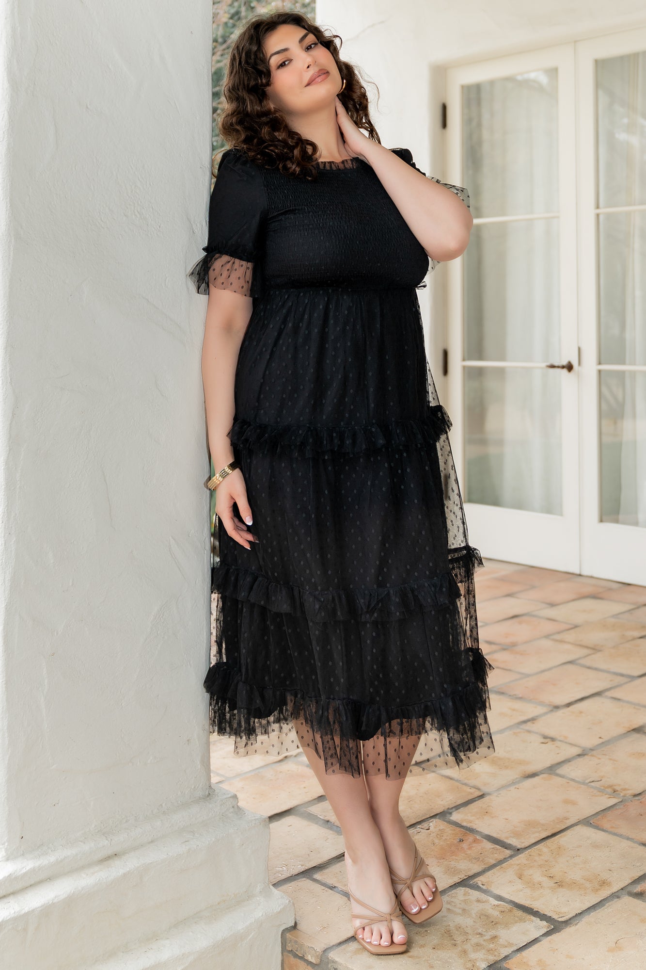 Lysandra Smocked Dot Maxi Dress - Black Tulle | Baltic Born S Lysandra Smocked Dot Maxi Dress - Black Tulle | Baltic Born S