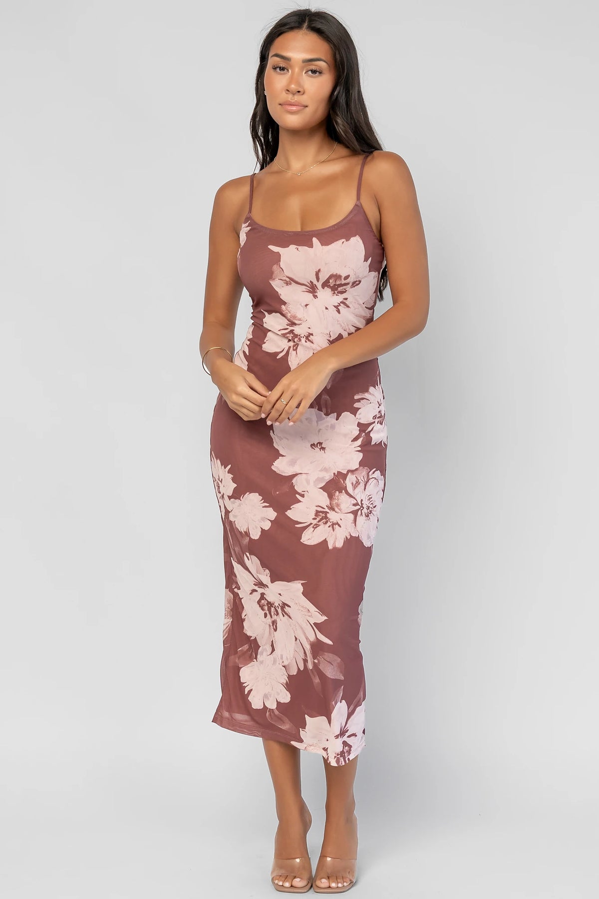 Raelynne Mesh Midi Dress | Dusty Mauve Floral