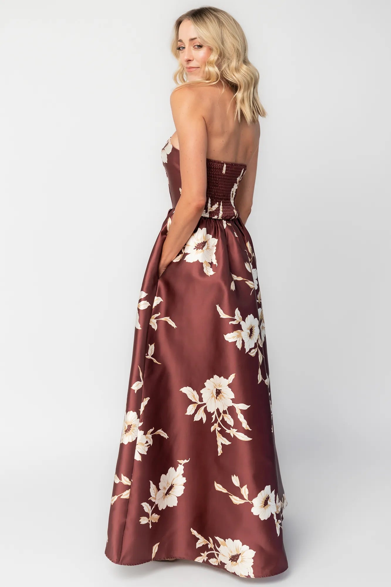 Rosette Strapless Maxi Gown | Mahogany Floral