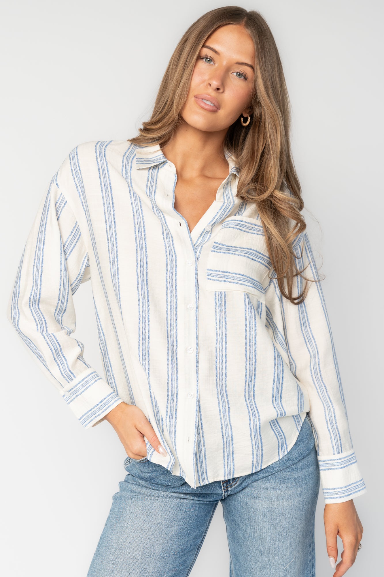 Kane Button Top | Off White + Blue