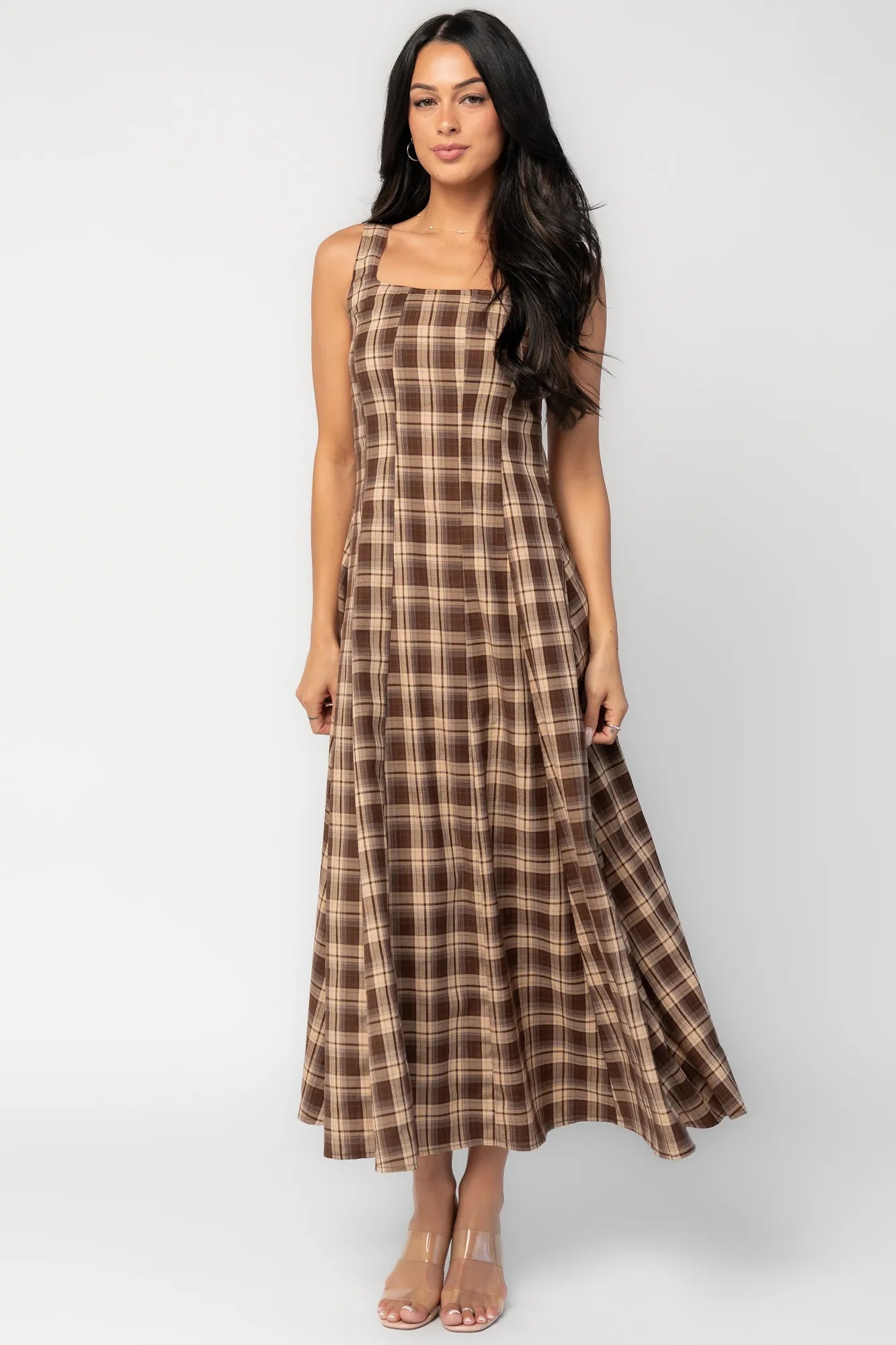 brown plaid maxi dress Wool Autumn Midi Dress | XS Plaid