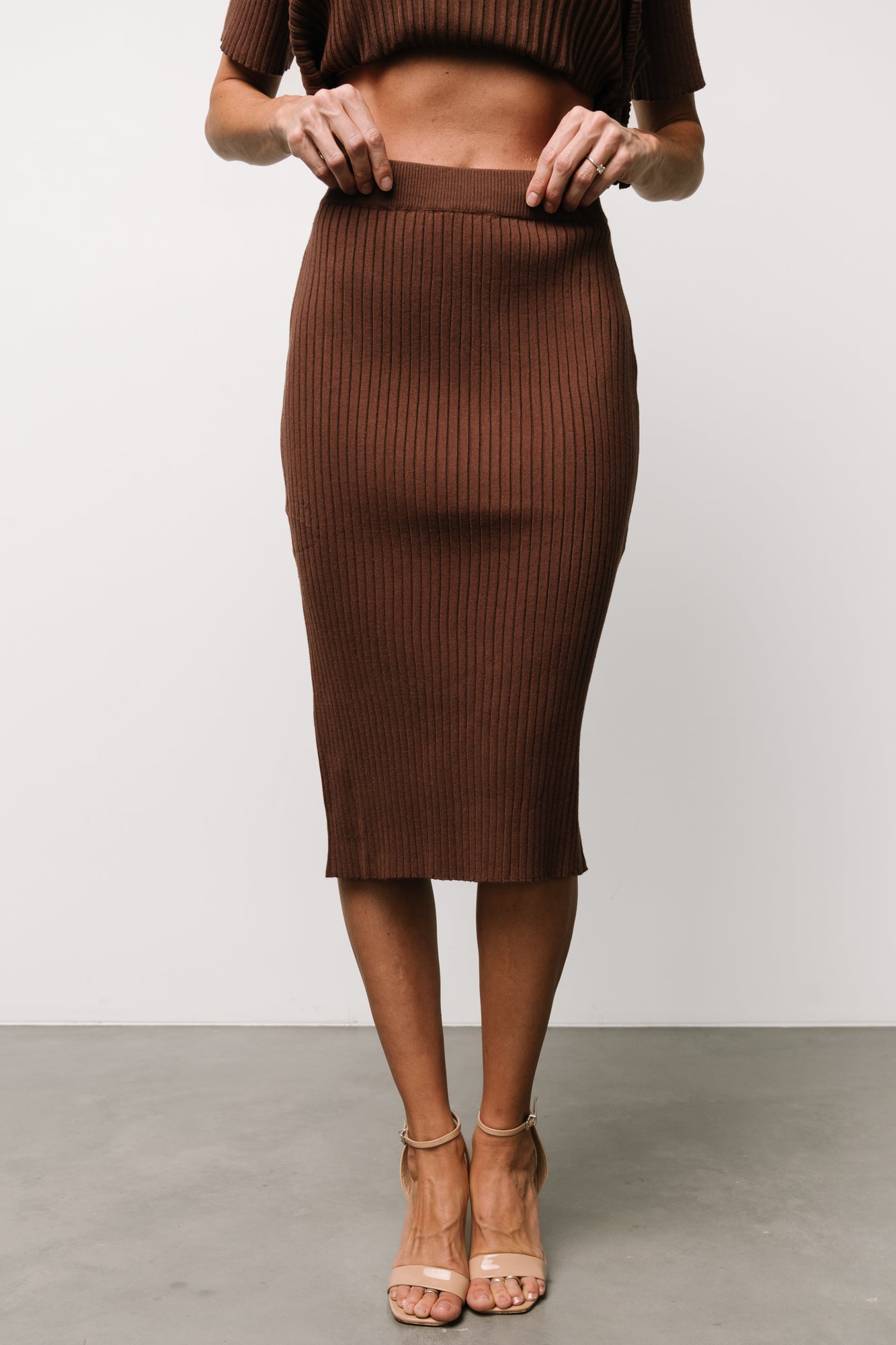 Baltic Born Womens Stormi Ribbed Midi Skirt | Brown | Size: XL Baltic Born Womens Stormi Ribbed Midi Skirt | Brown | Size: XL