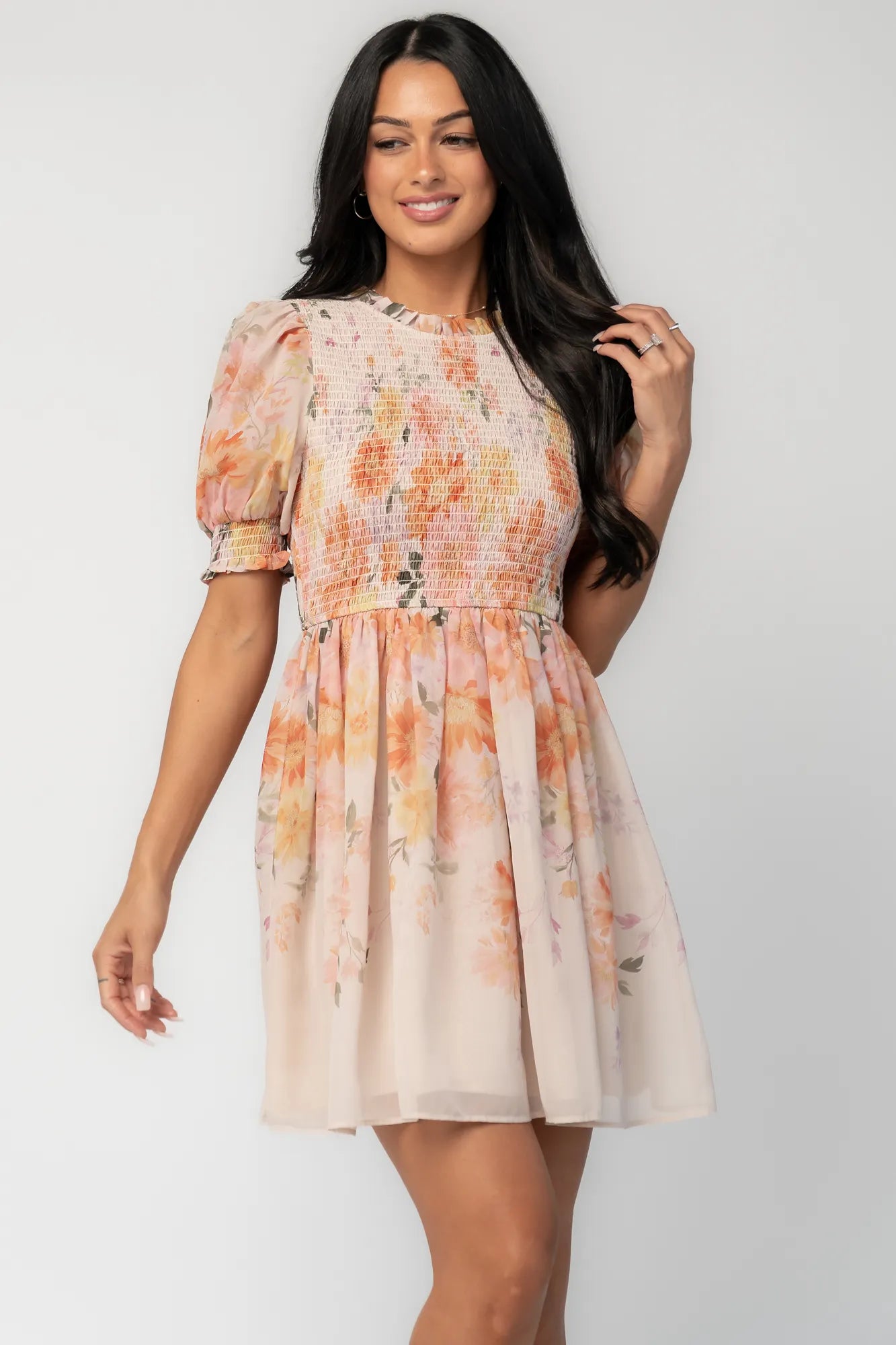 Darling Smocked Short Dress | Ivory Multi Floral