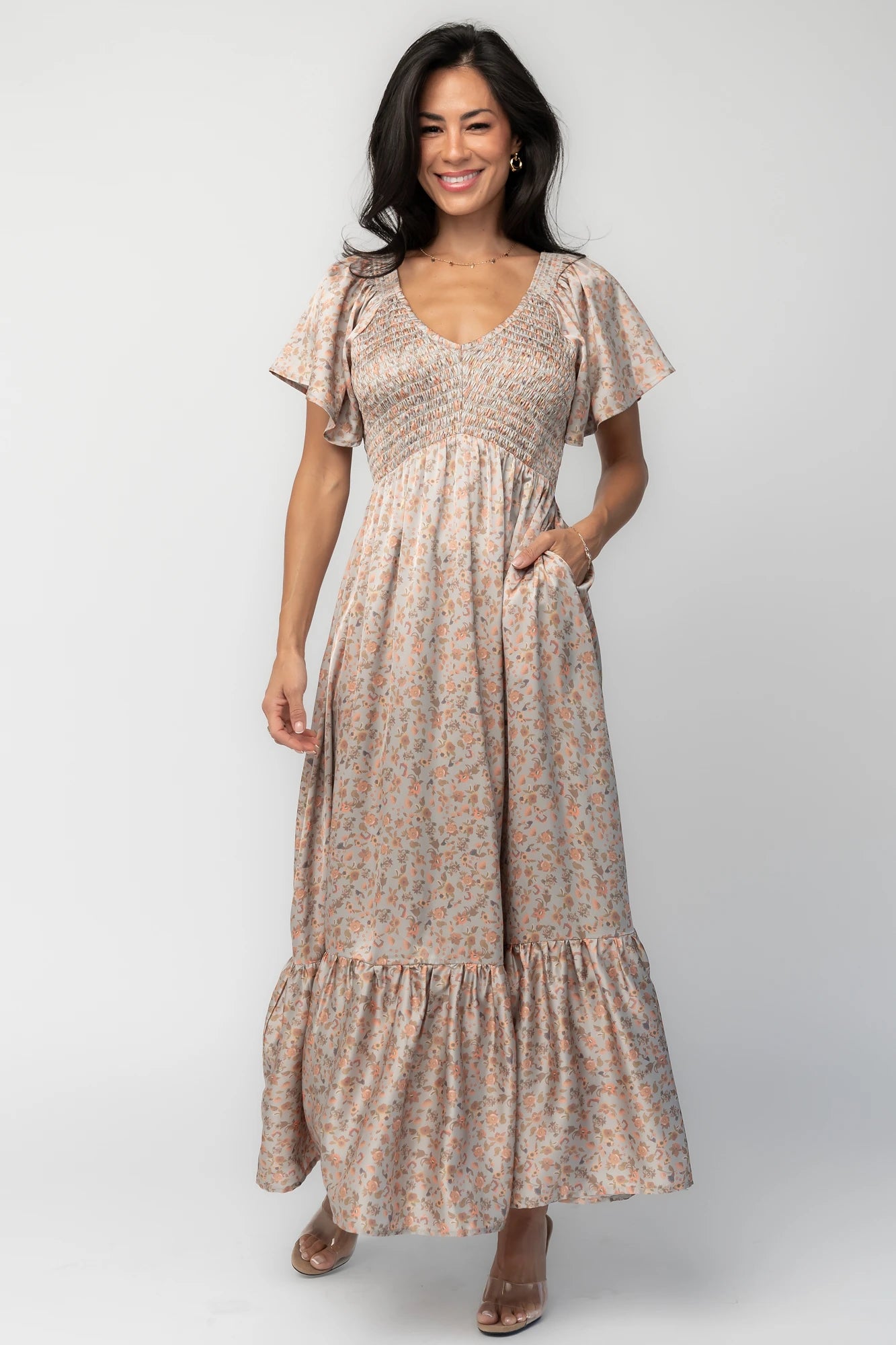 fall smocked dress Baltic Born Womens Rosie | Sage Floral khaki gingham dress features smocking at the chest and sleeves Women's Organic Cotton Smocked Dress