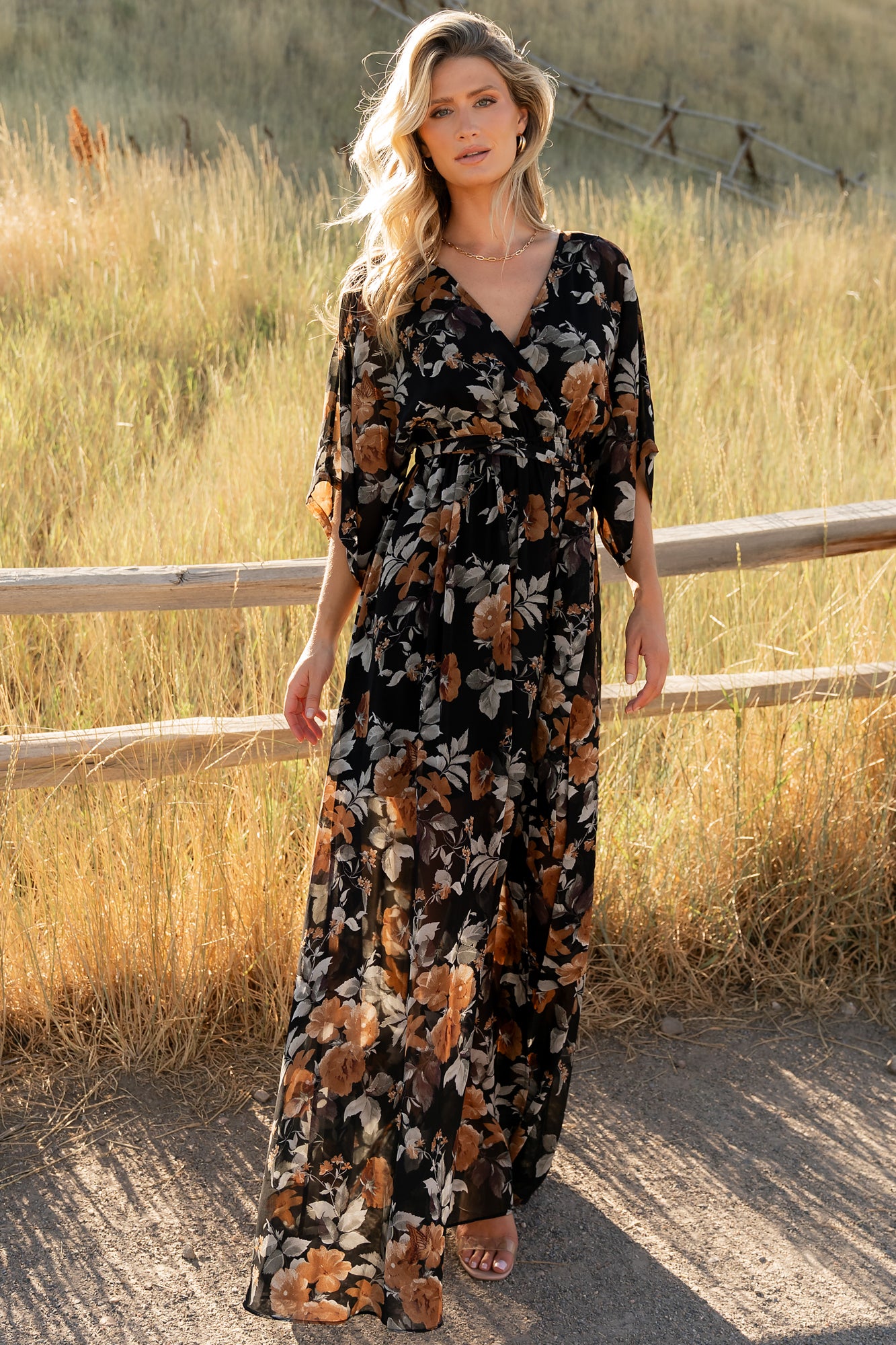 Baltic Born Womens Kia Kimono Maxi Dress | Black + Copper Floral | Size: Small Baltic Born Womens Kia Kimono Maxi Dress | Black + Copper Floral | Size: Small