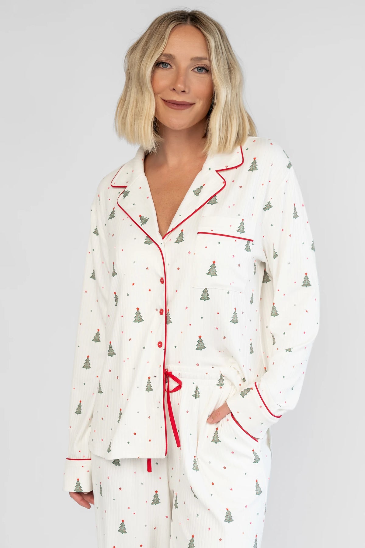 Holiday Cozy Rib Knit Pajamas | Ivory + Evergreen